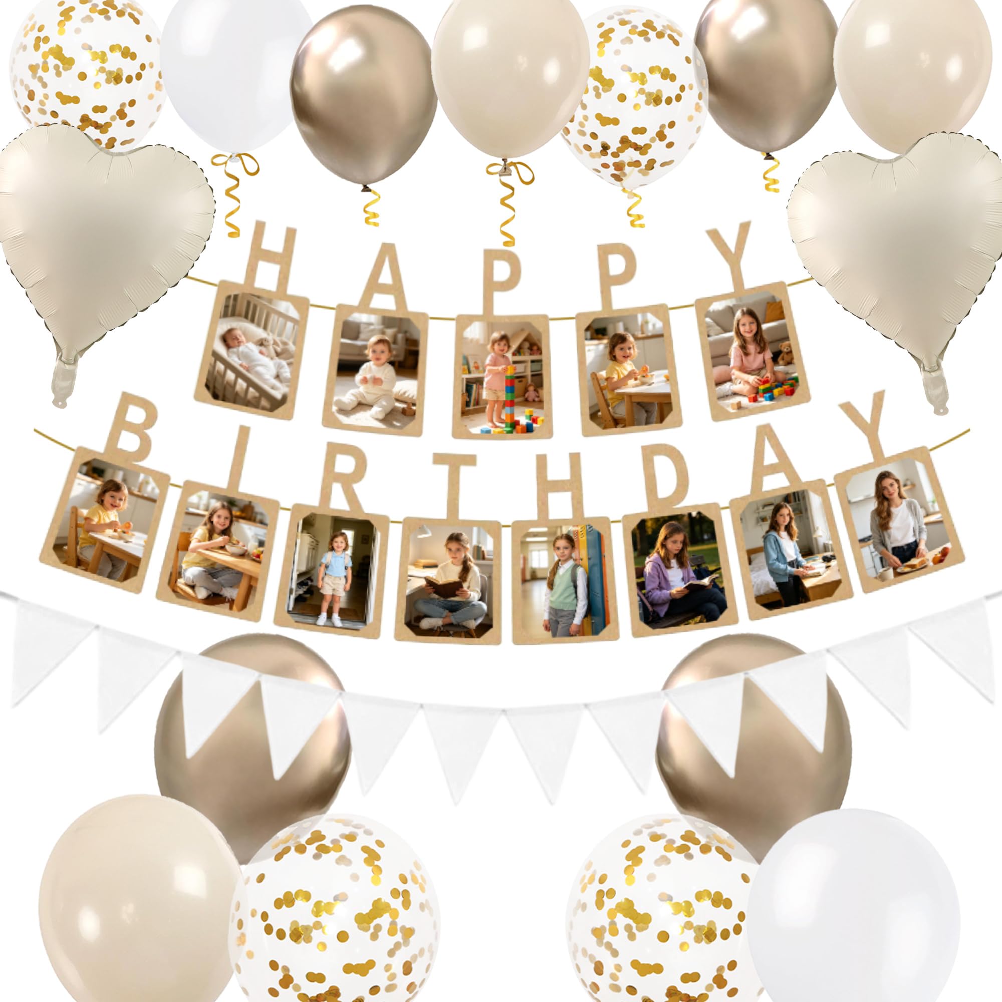Sand White Gold Birthday Decorations, Happy Birthday Photo Banner