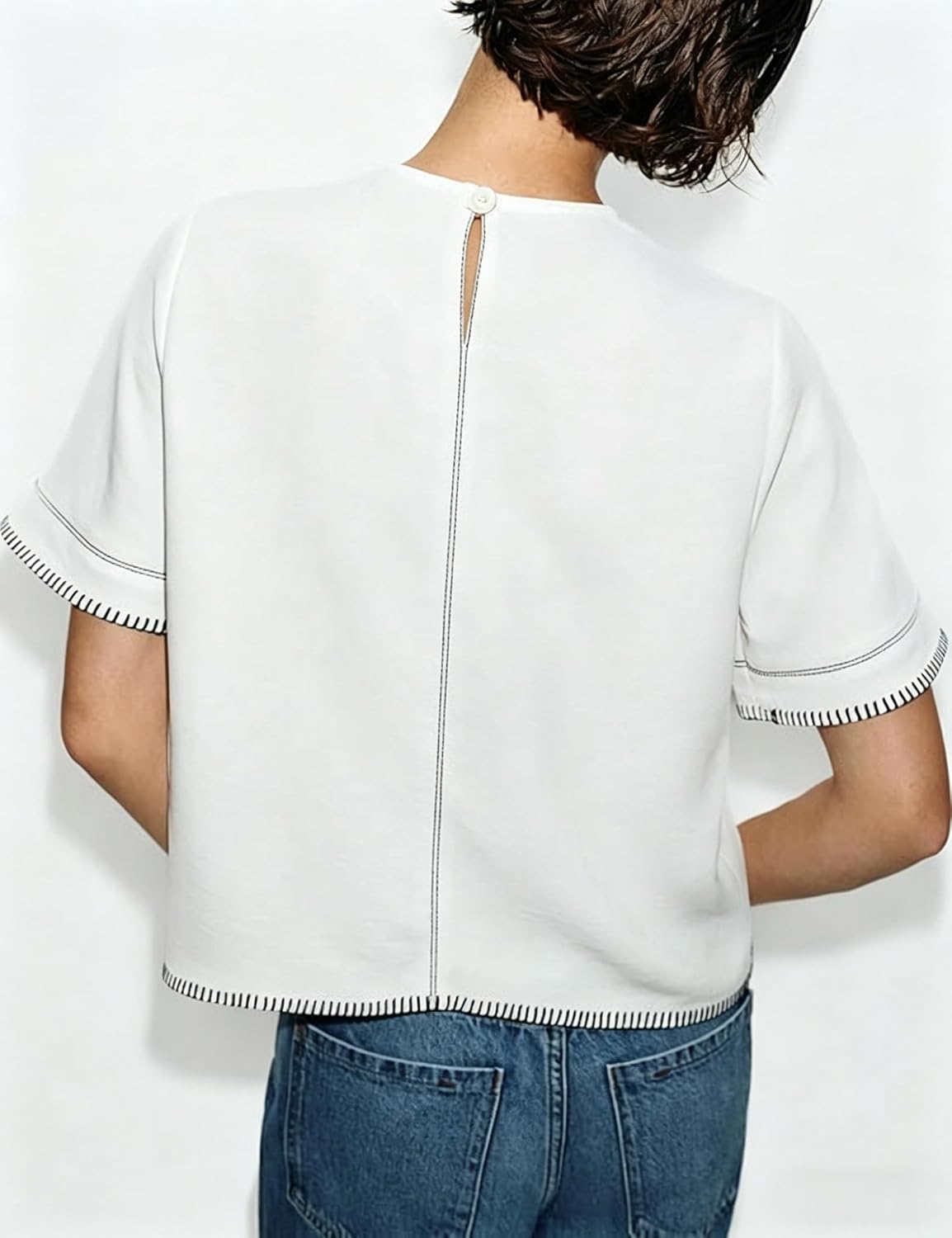 Women's Contrast Trim Top Loose Fit Crew Neck T-Shirt Casual Pullover Blouse for Summer Daily Office Wear