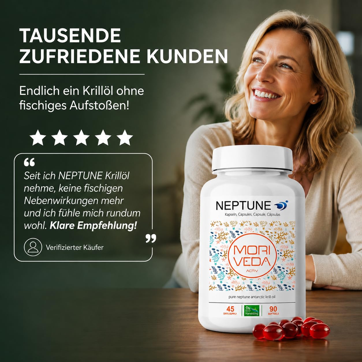 Moriveda NEPTUNE Krillöl Kapseln, 135-Tage-Vorrat, mit Omega-3 6 9 (EPA/DHA), Antioxidantien, Vitamin E & Cholin, MSC-zertifiziert & nachhaltig, 3 x 90 Softgels