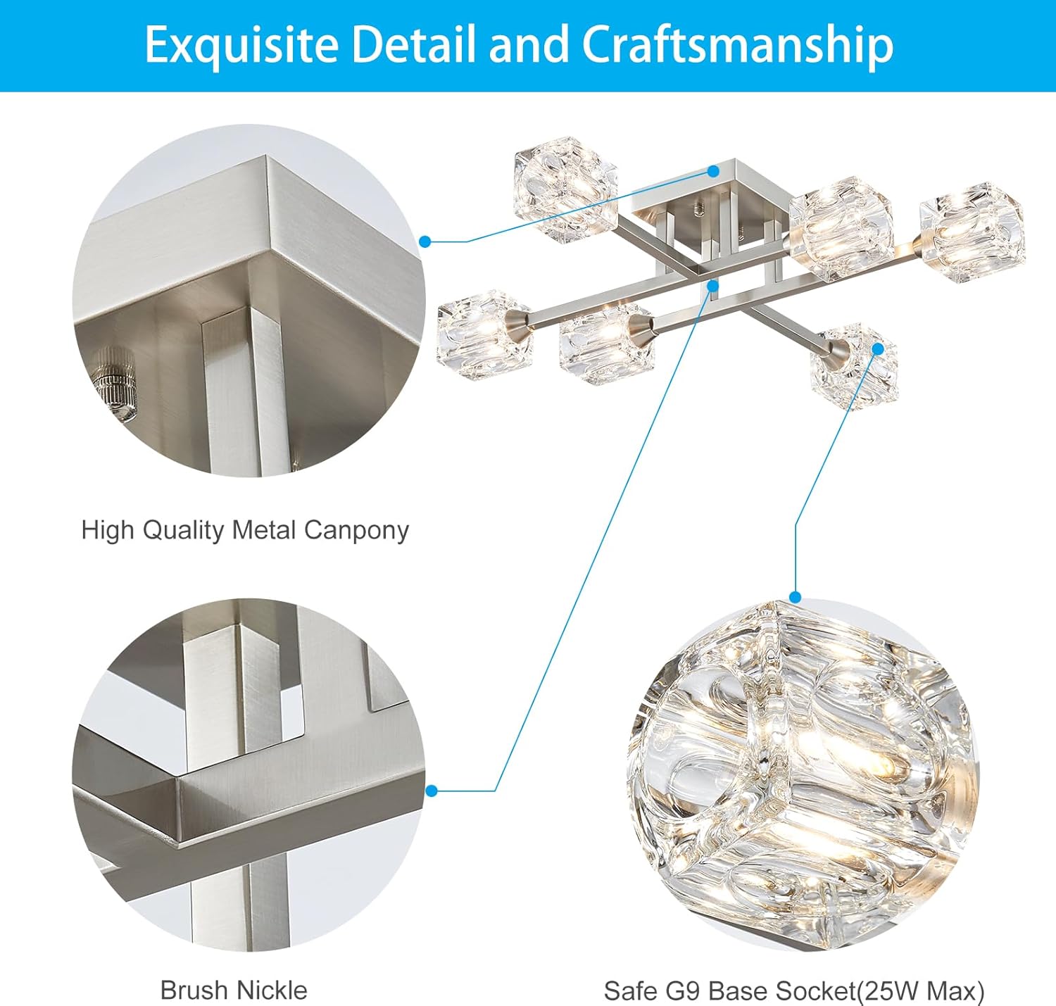 XINGQI Brushed Nickel Ceiling Light Fixture 6-Light Modern Sputnik Chandelier Semi Flush Mount Ceiling Lights for Bedroom Dining Room Living Room Entryway