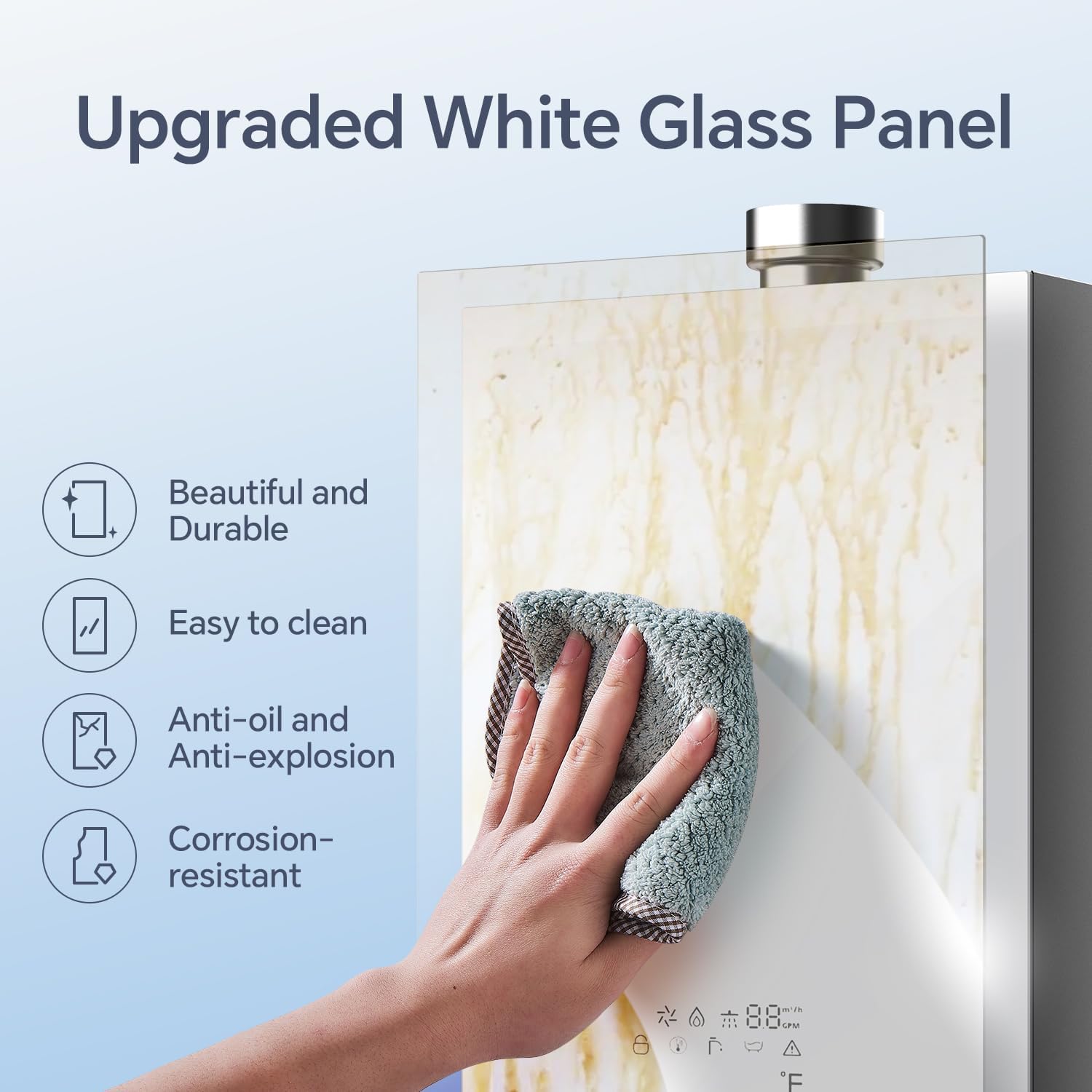 Hand cleaning the upgraded white glass panel of the water heater