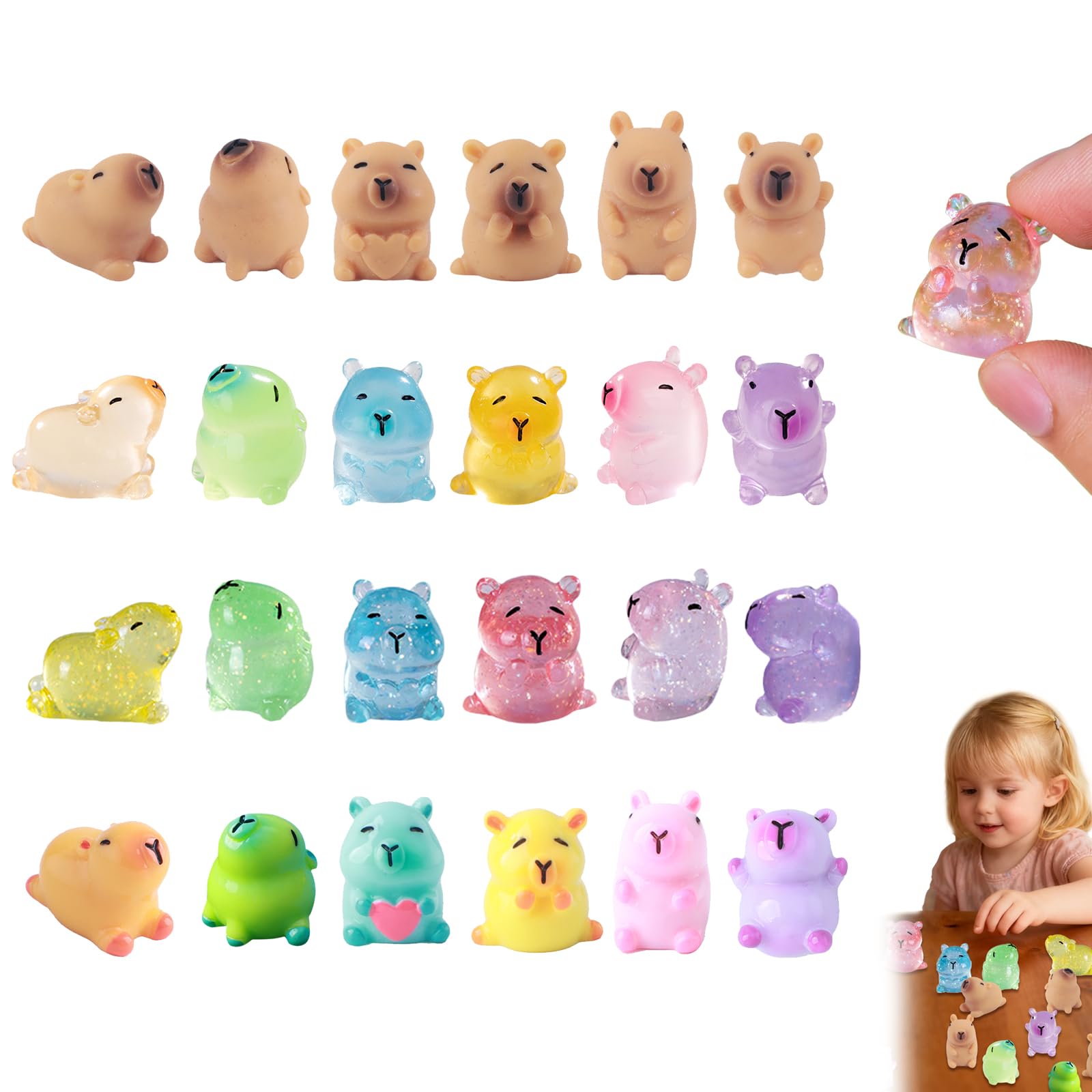 Resin Animals Capybara, 24 Pcs Mini Capybara Figures, 3 Styles with Classic, Glitter & Glow-in-the-Dark