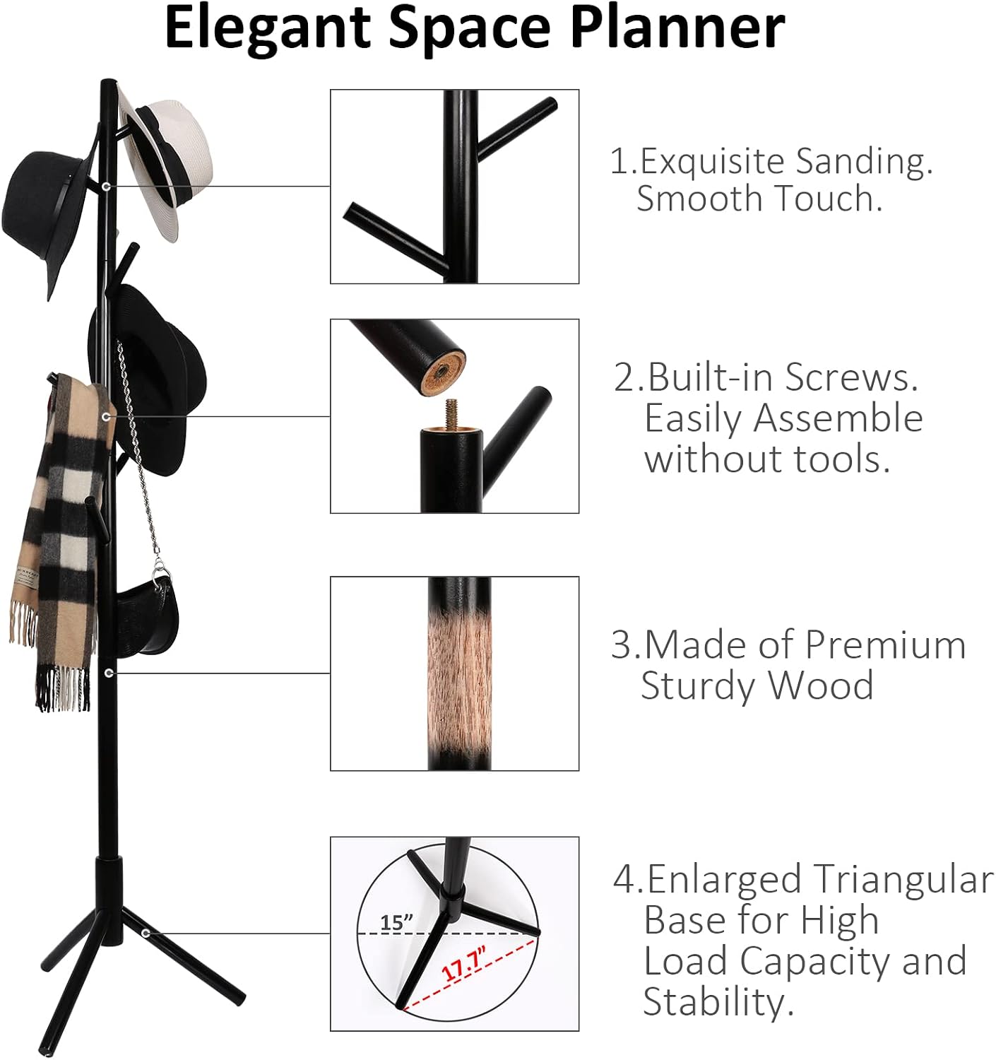Alotpower Wooden Tree Coat Rack Stand, 3 Adjustable Sizes, 8 Hooks - Super Easy Assembly NO Tools Required - Free Standing Solid Coat Hanger Stand for Clothes, Suits, Accessories (Black)