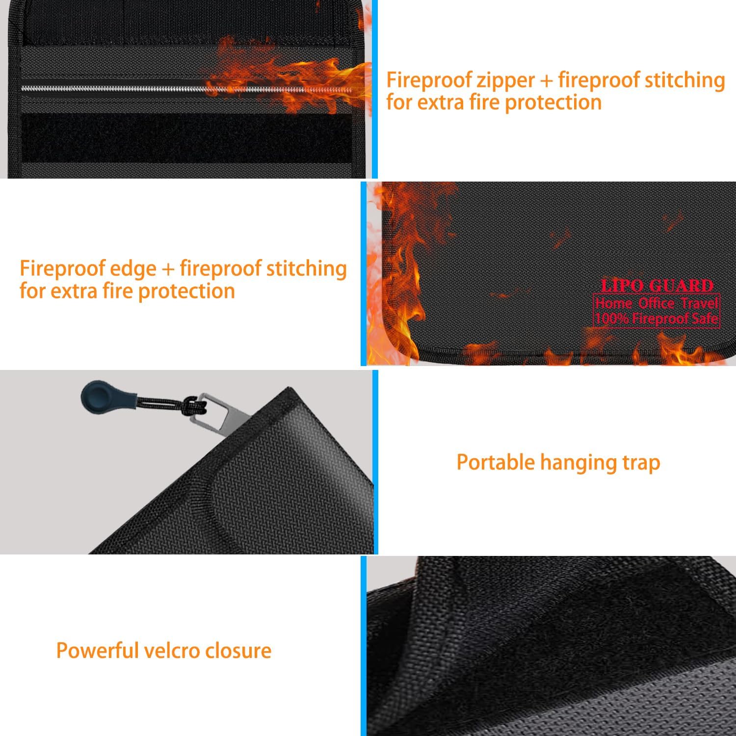 10.24"x13.78" Black Lipo Safe Bag with Fireproof Zipper Fireproof Edge wrapping Fireproof wire,Home Office Travel Fireproof Safe Storage for Cash Valuables Jewelry Passport Power bank Lipo Battery image 4