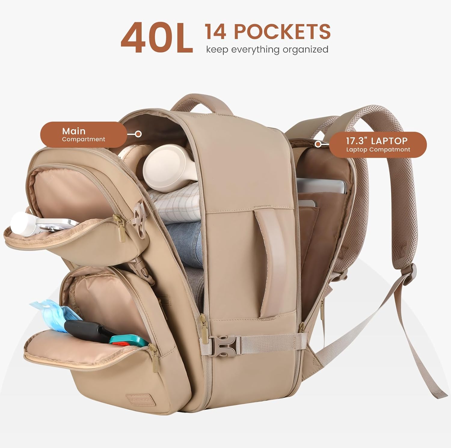 LOVEVOOK Travel Backpack for Women Men, TSA Carry on Backpack Flight Approved 40L Fits 17 Inch Laptop, Waterproof Personal Item Travel Bag Business Weekender Daypack with Detachable Crossbody Bag