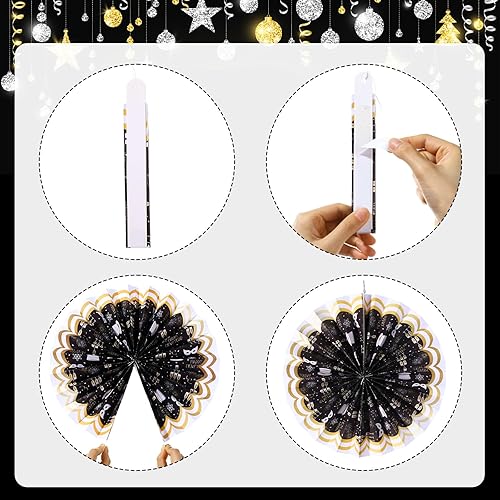 Miniatura 3 de Outus 9 piezas de decoración colgante de Nochevieja, abanicos de papel 2024, fanáticos de fiesta de Año Nuevo, abanicos de papel colgantes negro y