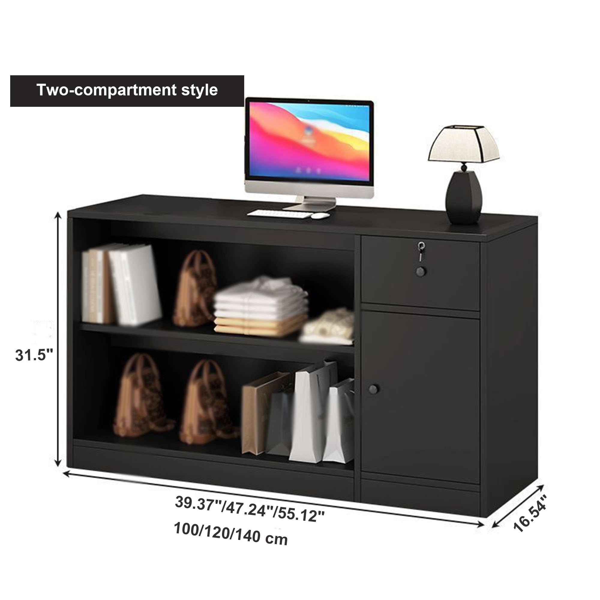 Mostrador Recepción con Almacenaje, Cajón con Llave, Negro Mate(B,100cm)