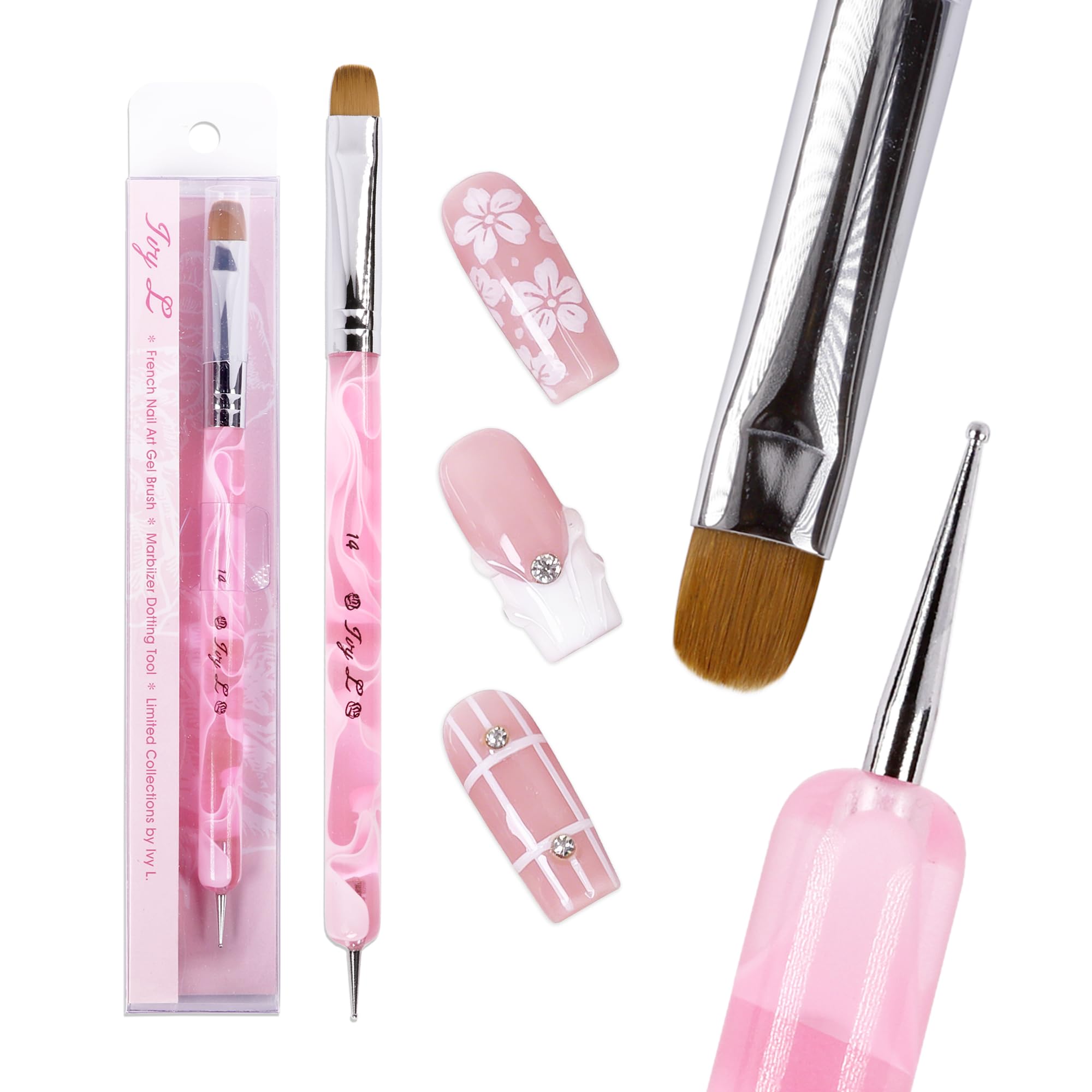 Ivy L - Pennello Kolinsky per nail art in gel acrilico a 2 vie, con strumento per punteggiare, per manicure professionale e pulizia delle cuticole (misura n. 14, marmo rosa)
