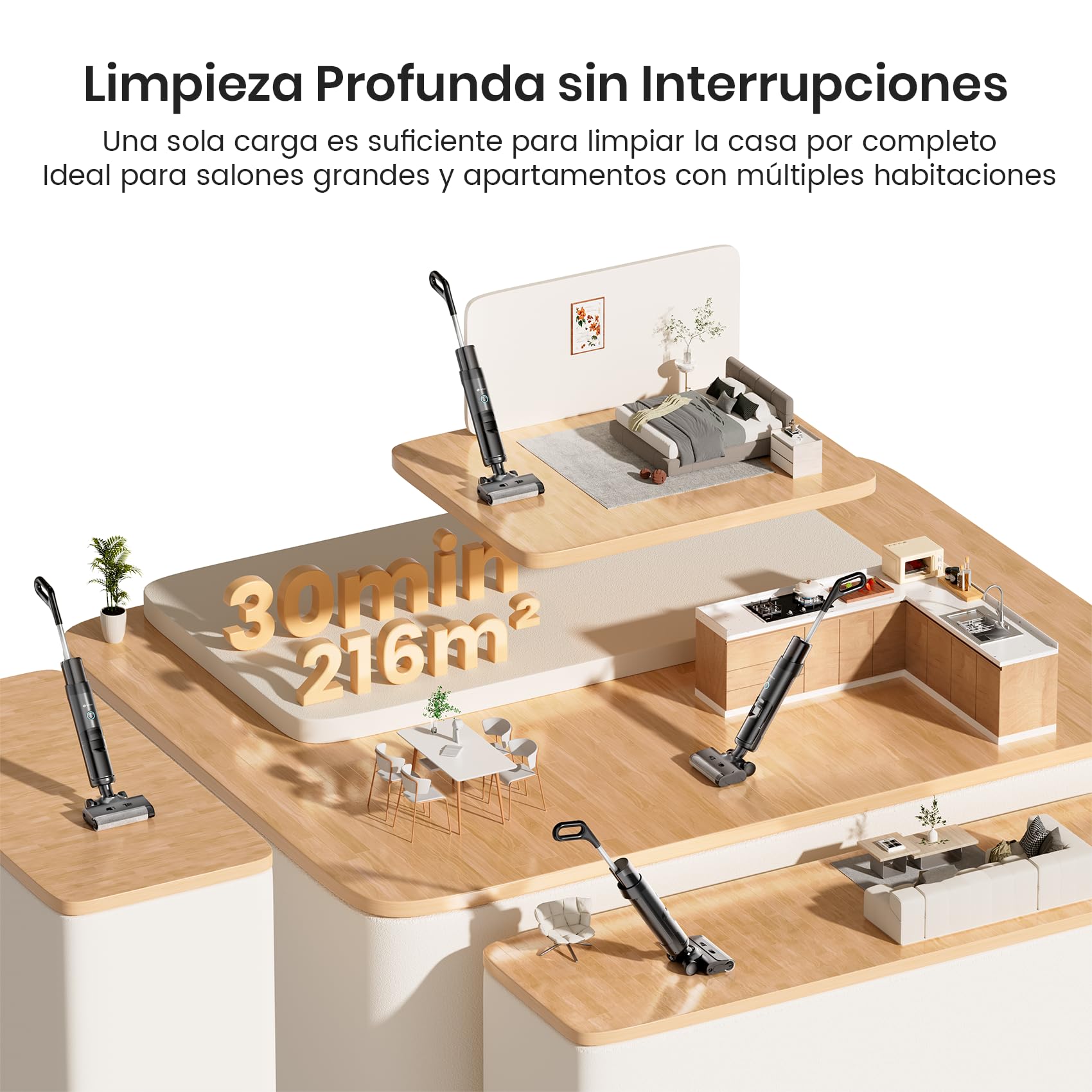LEFANT LS200 Aspiradora Sin Cable,Aspiradora Vertical en Seco Húmedo con Batería,13 000 Pa, 216㎡, Depósito de Agua de 700 ml, 3 en 1 Barre Aspira Friega, 30 Min de Autonomía, Autolavado