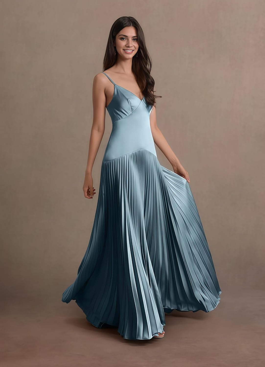 Satin Spaghetti Straps Bridesmaid Dresses for Women A-line Ruched Long Formal Evening Gown - Image 5