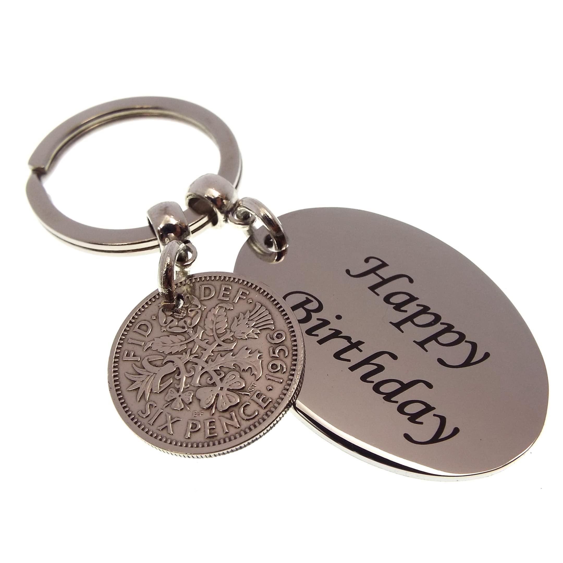 A Silver Dream 1956 HAPPY BIRTHDAY Sixpence Coin Keyring