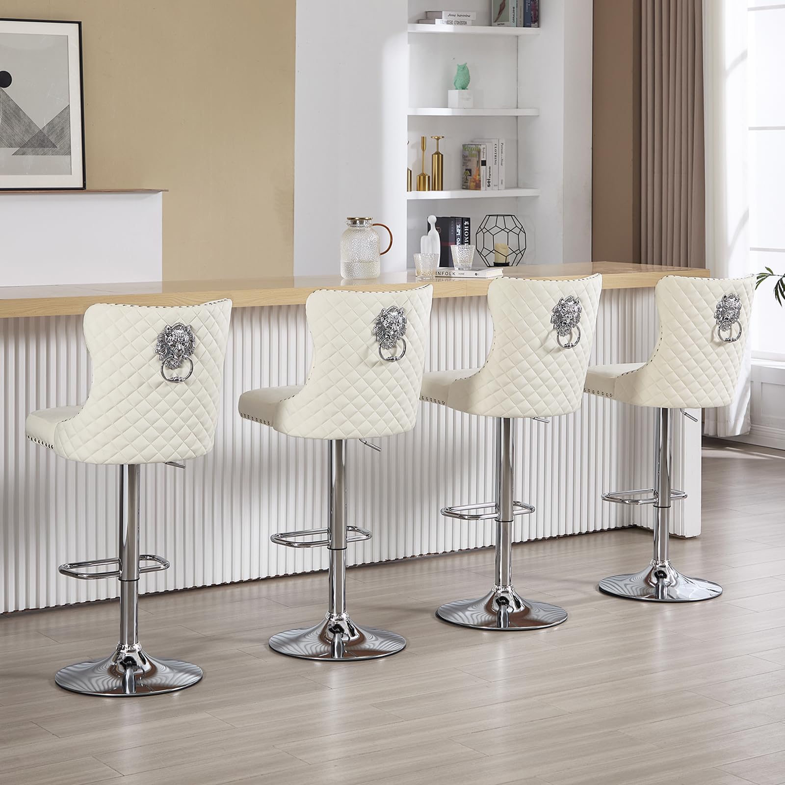 KHISCHMO Modern Barstools Set of 4 Adjustable Velvet Bar Stools Counter Height Stools with Back, Upholstered Swivel Bar Chair with Chrome Base and