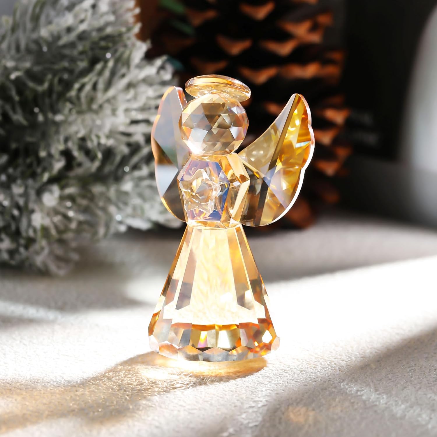 YWHL Champagne Crystal Glass Guardian Angel Figurine, Handmade Angel Statue Gifts for Women, Art Collectible Figurines Decor