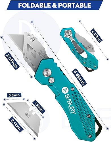 Miniatura 7 de BIBURY Cuchillo utilitario, cortador de caja plegable resistente, cuchillo de bolsillo para alfombra con 10 cuchillas adicionales de acero