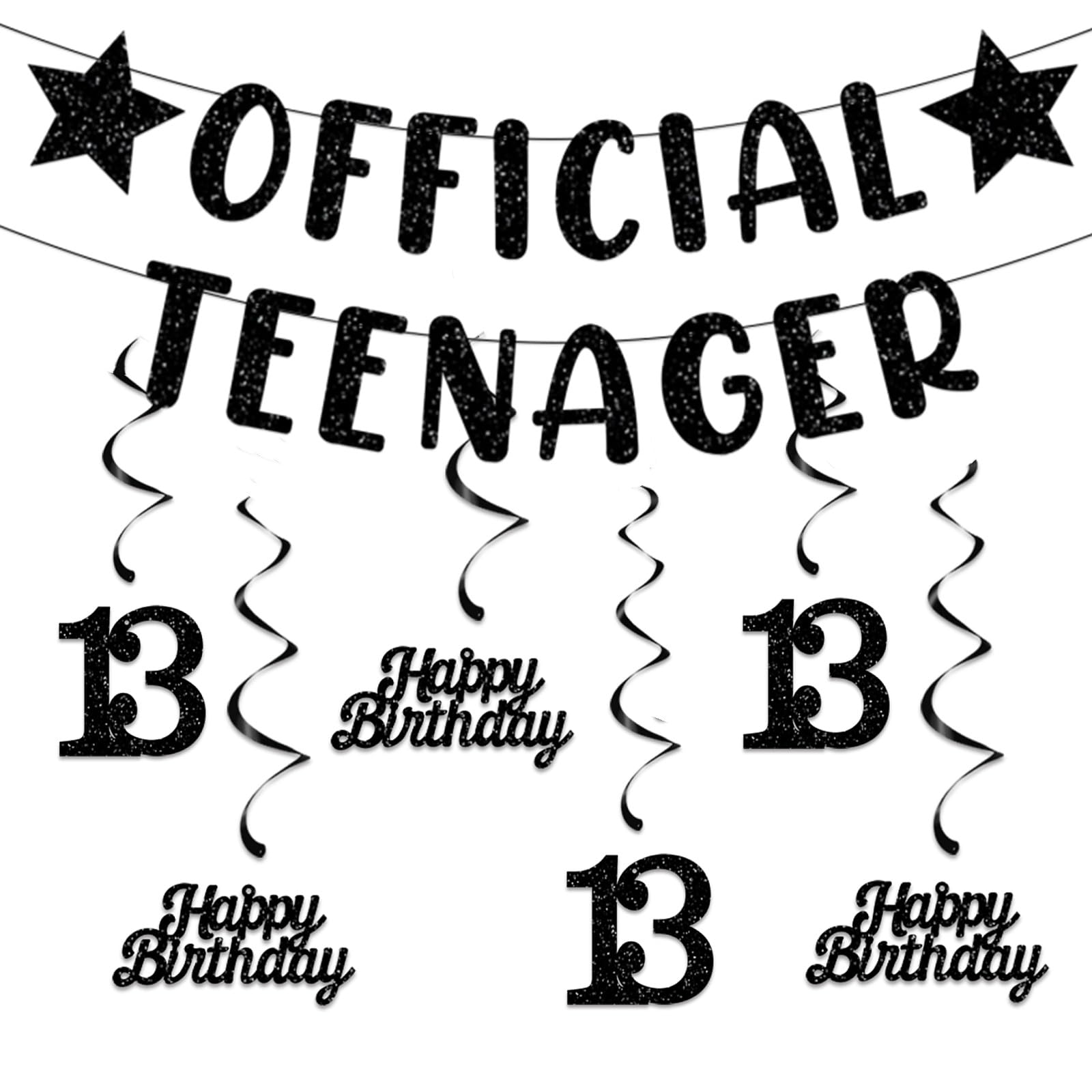 bng-bng 13th Birthday Decorations Official Teenager Banner Set with 6PCS Black Hanging Swirls Streamers, Perfect for Boys Girls 13 Years Old Birthday Party Decorations