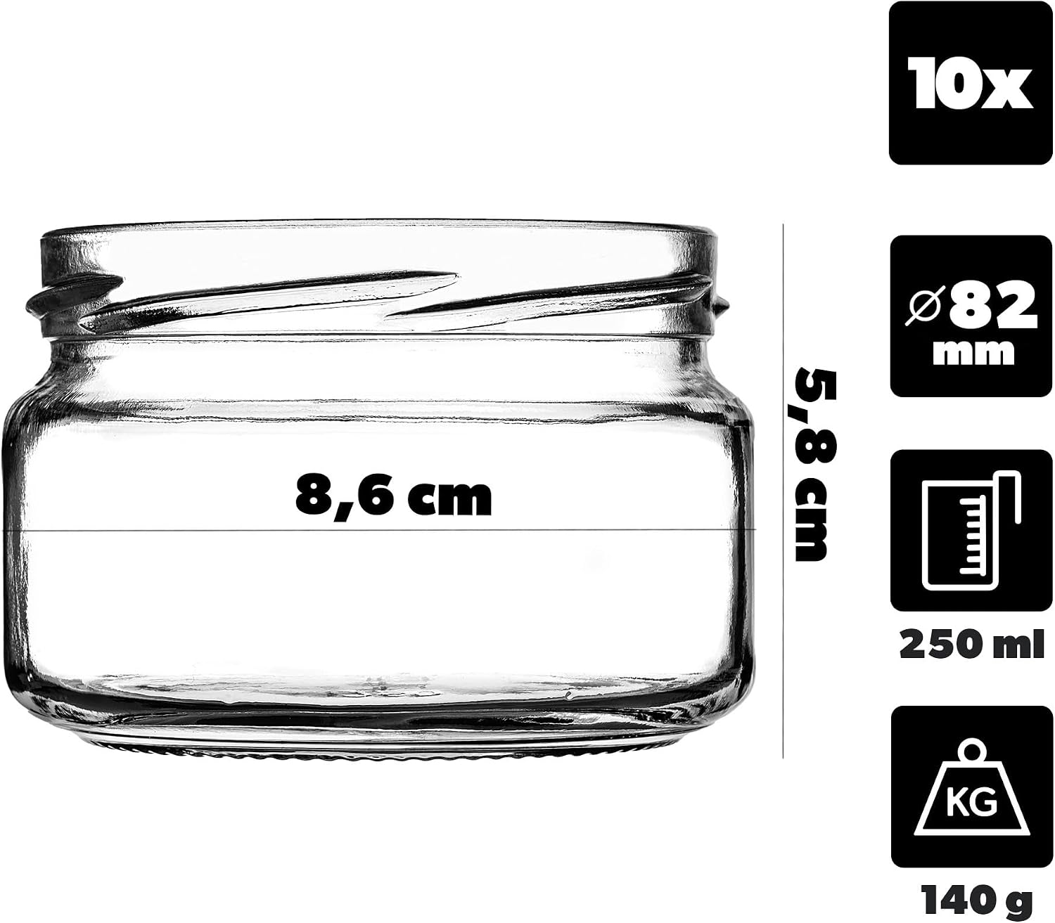 KADAX fi82 Preserving Jars, 250 ml, with Twist-Off Lid, Dessert Jars, Airtight & Dishwasher Safe, Thick-Walled Glass, Selection of Screw Caps (Cucumbers) Pack of 10 image 2