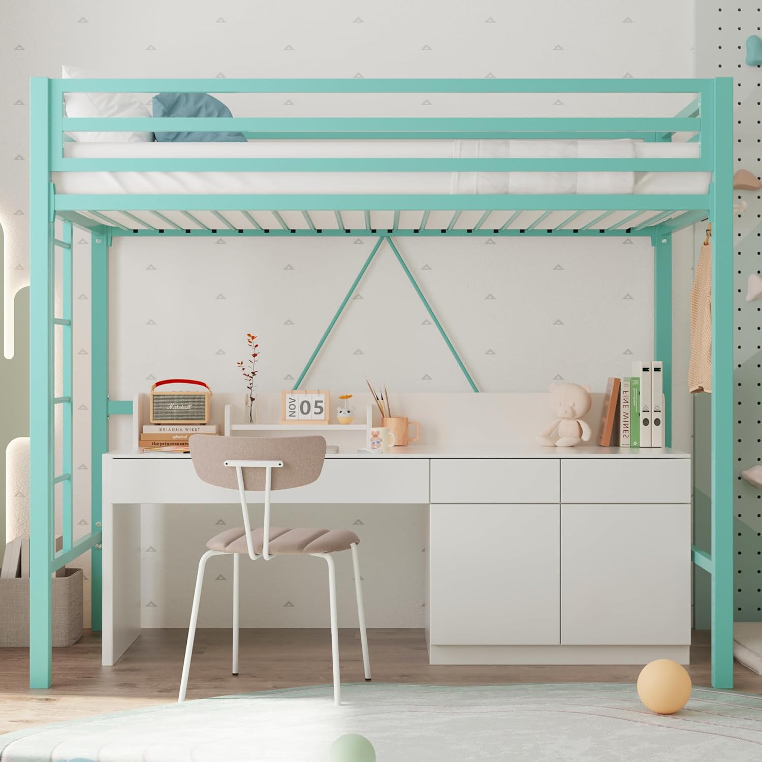 Allewie Metal Loft Bed Twin Size in Green