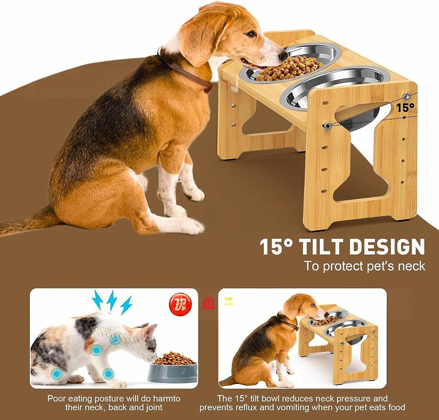Adjustable Elevated Dog Bowls - Bamboo Raised Pet Feeder with 2 Stainless Steel Bowls | Multi-Height Non-Slip Food and Water Stand for Small to Medium Dogs and Cats.