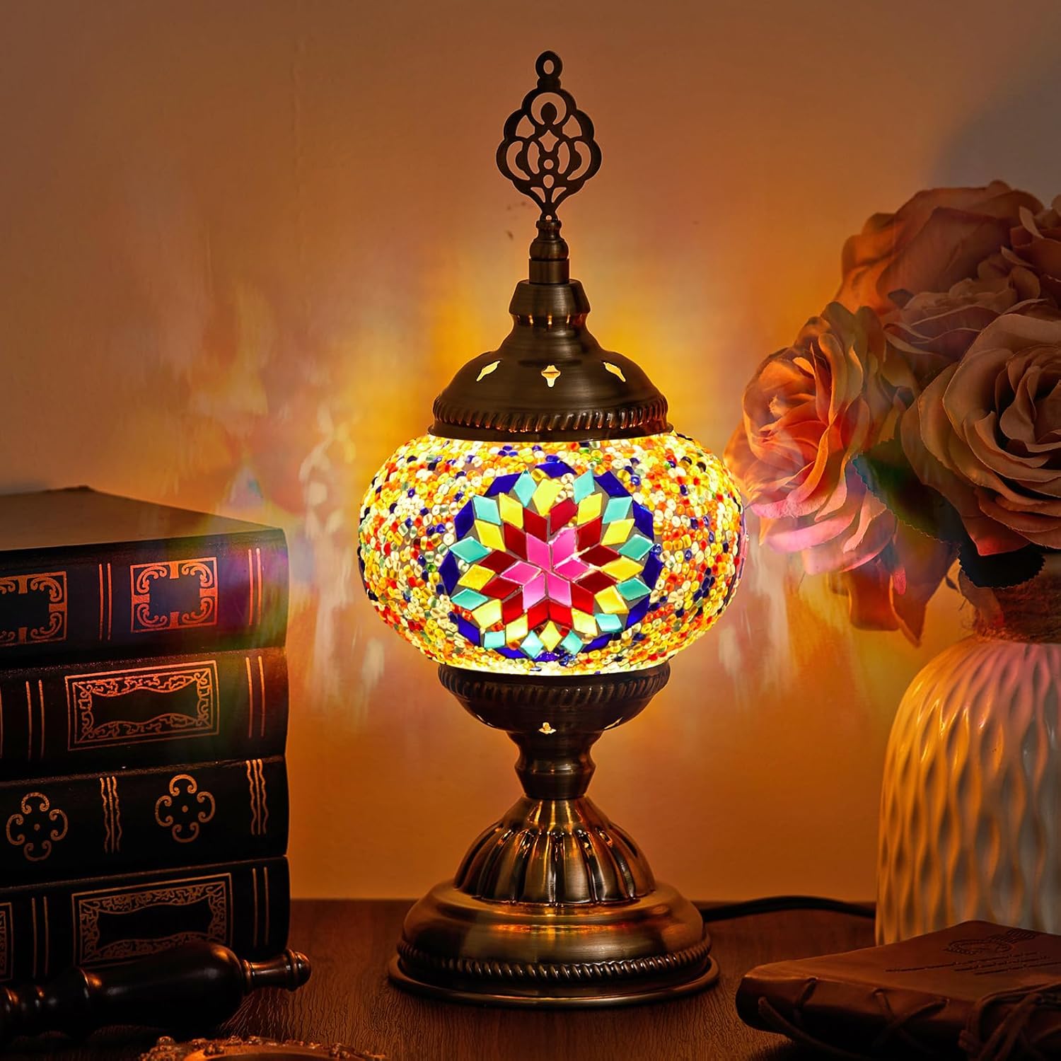 Baquler Large Globe Turkish Moroccan Table Lamp Handmade Vintage Colorful Moroccan Glass Lampshade Turkish Desk Lamp Bohemian Decorative Night Light for Bedroom, Living Room, Gift (LED Bulb Included)