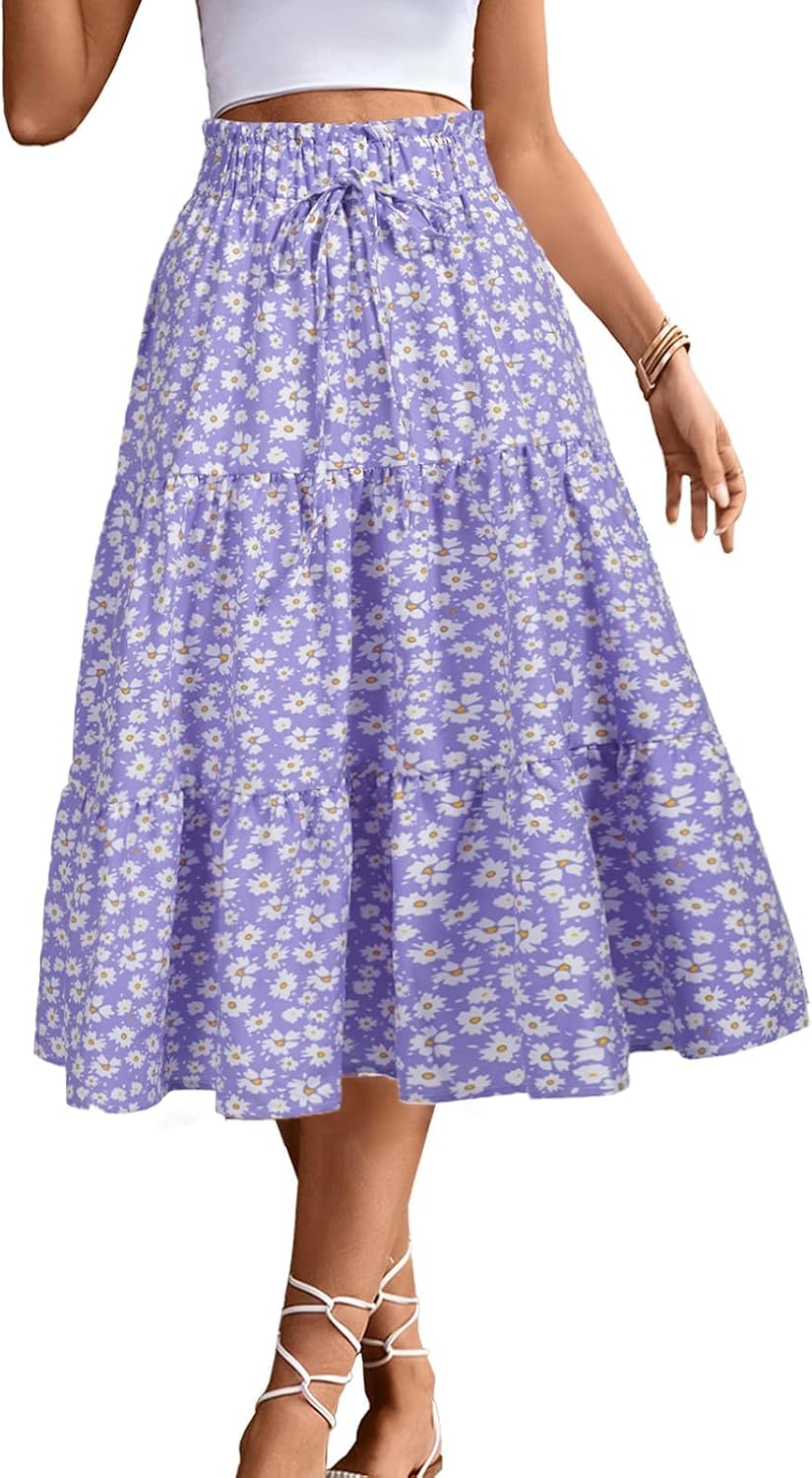 BARASA Summer Women's Midi Skirts Boho High Elastic Waist Fake Drawstring Floral Print A line Casual Cute Skirt D626