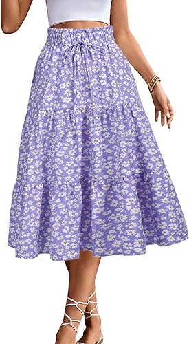 BARASA Women's High Elastic Waist Skirt Vacation Summer Trendy Tie Front Flowy Ruffle Floral Print Knee-high A line Casual Midi Skirts D626 Purple Daisy S
