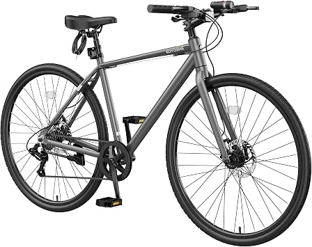MOONCOOL Hybrid Bike for Adults, 8-Speed Commuter Bicycle, Aluminum Frame | Weighs 29.5 lb yet supports 350 lb, dual disc brakes, upright geometry and 85% pre-assembly simplify commuting and leisure