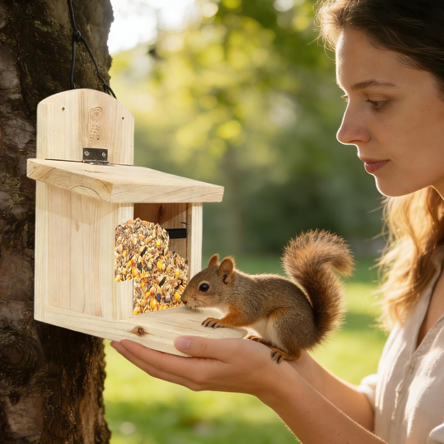Squirrel Feeder with Long Feeding Platforms, Natural Wooden Squirrel Feeders Food Station for Feeding Outside Squirrels