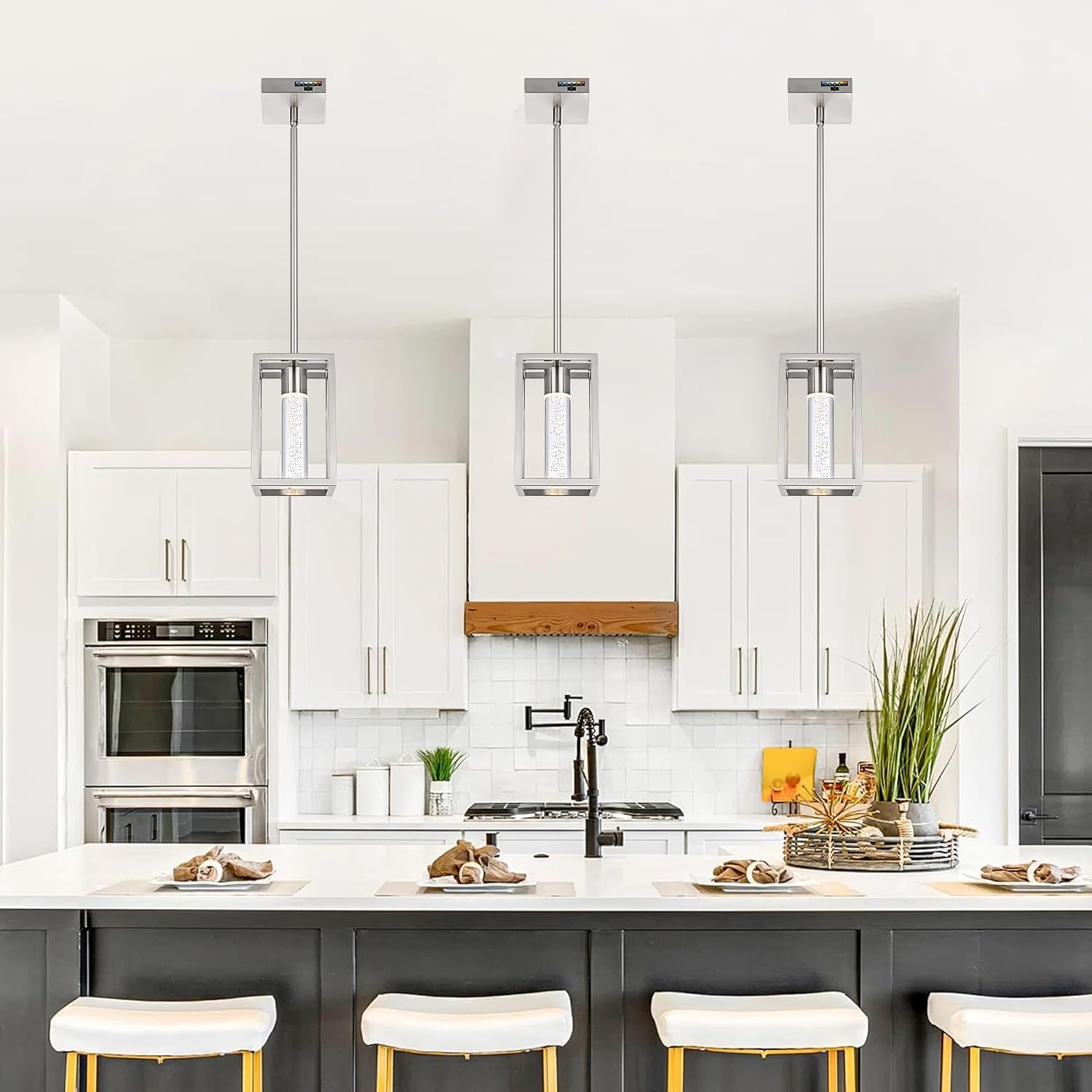 MELUCEE 3 Pack 15W LED Bubble Crystal Pendant Lights Kitchen Island, Modern Led Pendant Light 5 Color Temperature Adjustable, Brushed Nickel Dining Room Light Fixtures Adjustable Height, 3000-6000K