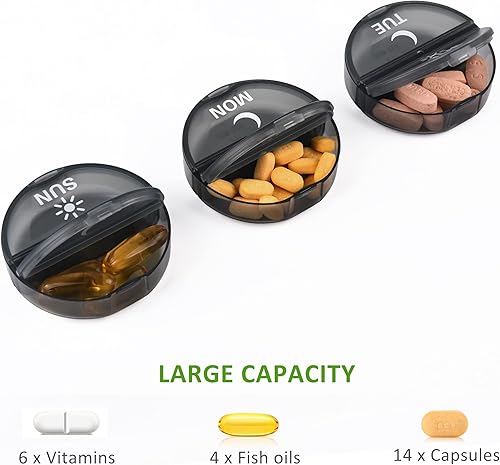 Miniatura 3 de Organizador diario de píldoras (dos veces al día) – Pastillero semanal AM/PM, organizador redondo de medicina, contenedor de píldoras de 7 días,