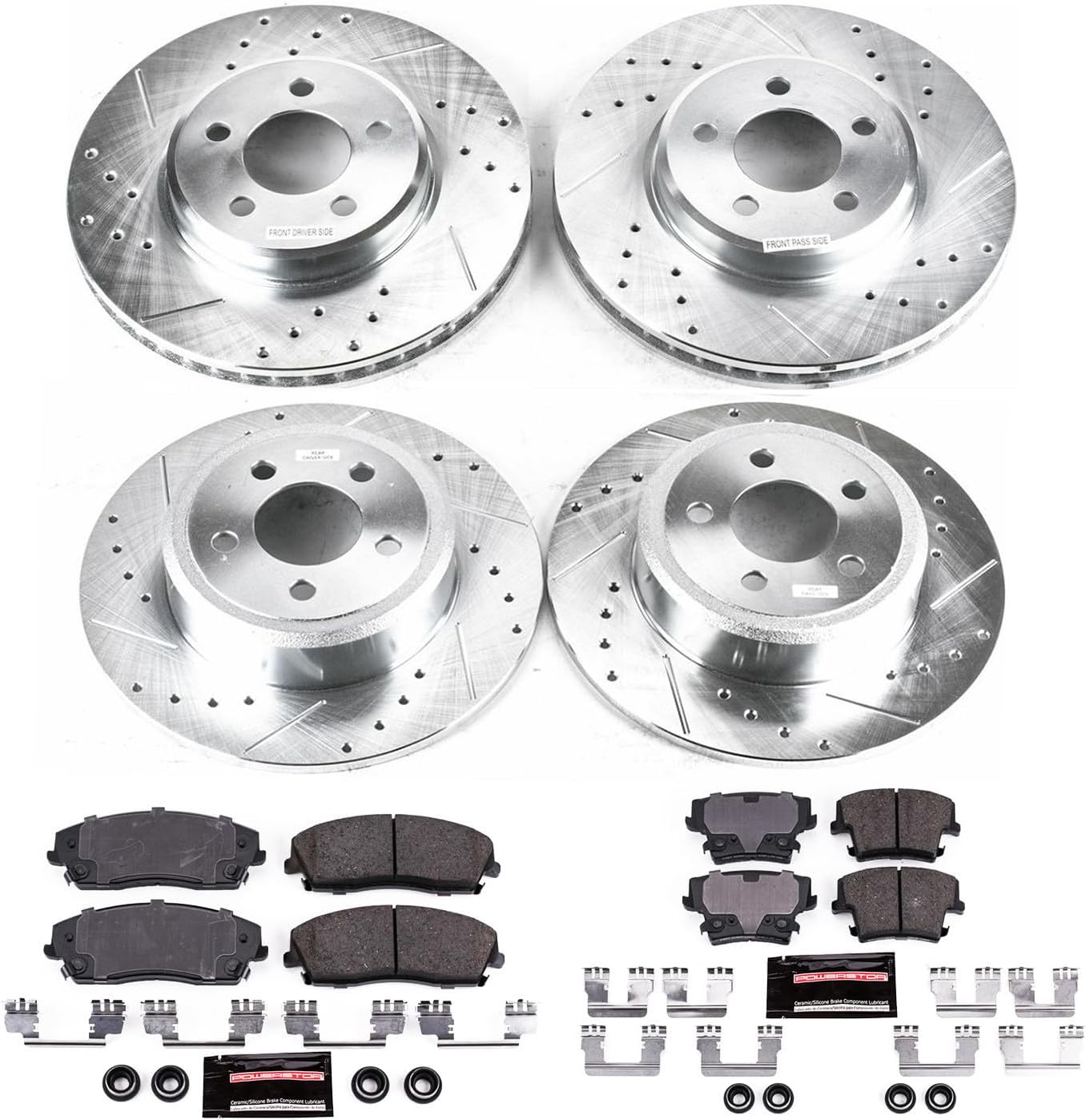 PowerStop Front and Rear Brake Kit For Chrysler 300 2005-23 |Dodge Challenger 2009-23 |Charger 2006-23 |Magnum 2005-08 - Drilled and Slotted Disc Rotors with Ceramic Brake Pads Replacement, K1715