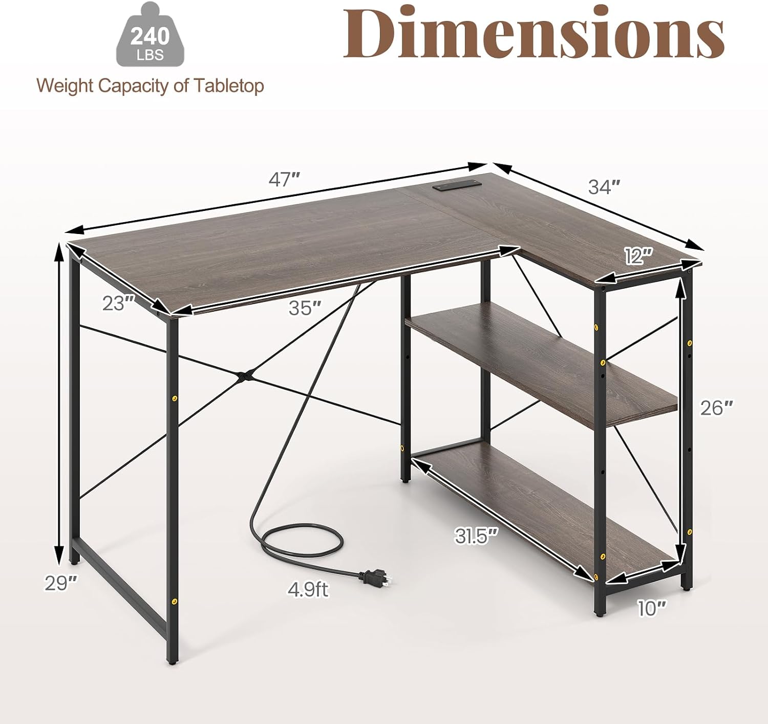 Giantex L Shaped Desk with Charging Station, 47 Inch Reversible Computer Desk with Adjustable Storage Shelves & Metal Frame, Modern Corner Desk for Home Office Studying Writing Gaming (Grey Oak)