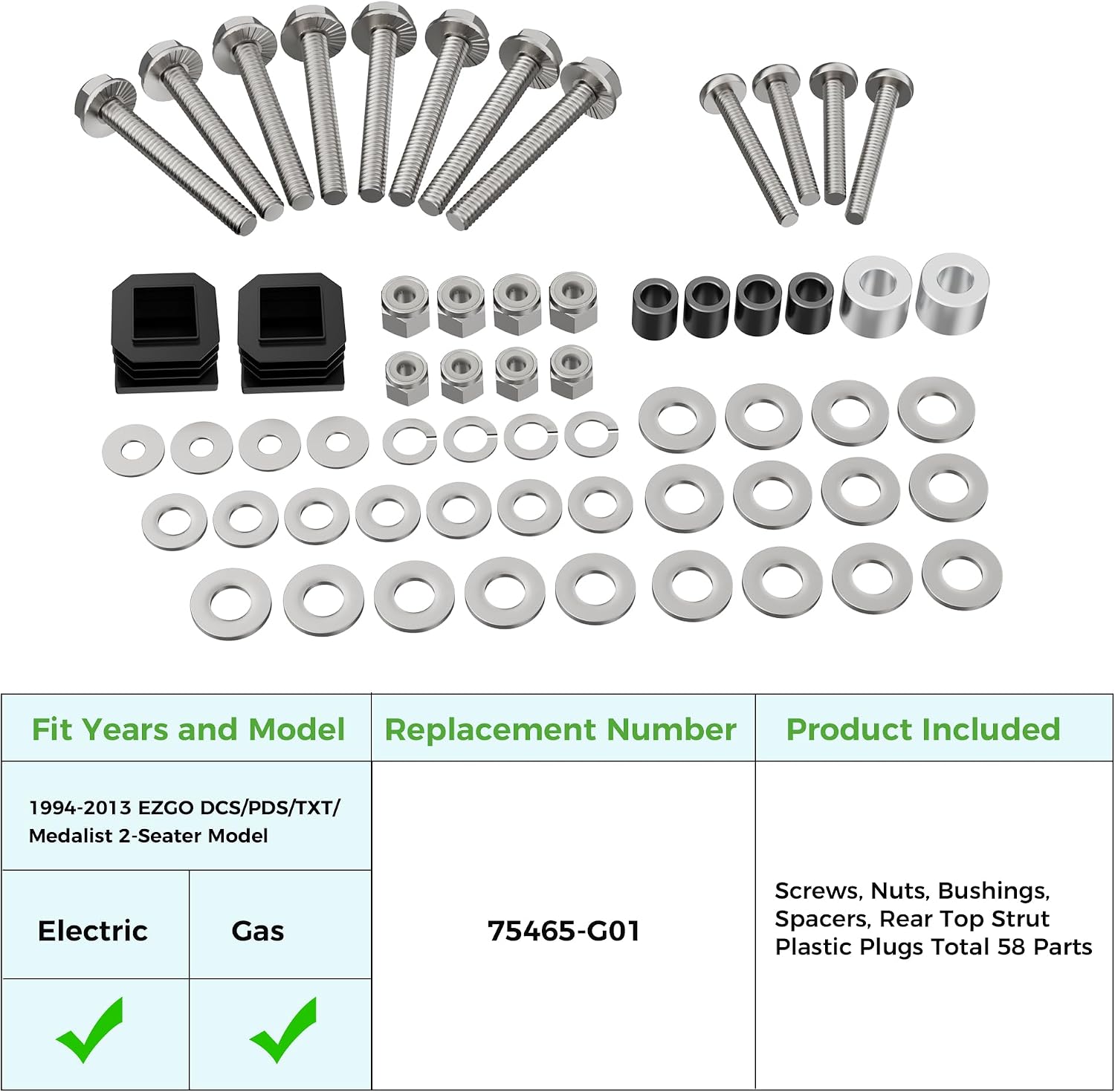 10L0L Golf Cart Suntop Hardware Kit for EZGO TXT/DCS/PDS/Medalist (1994-2013)-Front Top Strut Stainless Steel Screw Bushings Repair Kit, OEM#75465-G01, 58-Piece Set