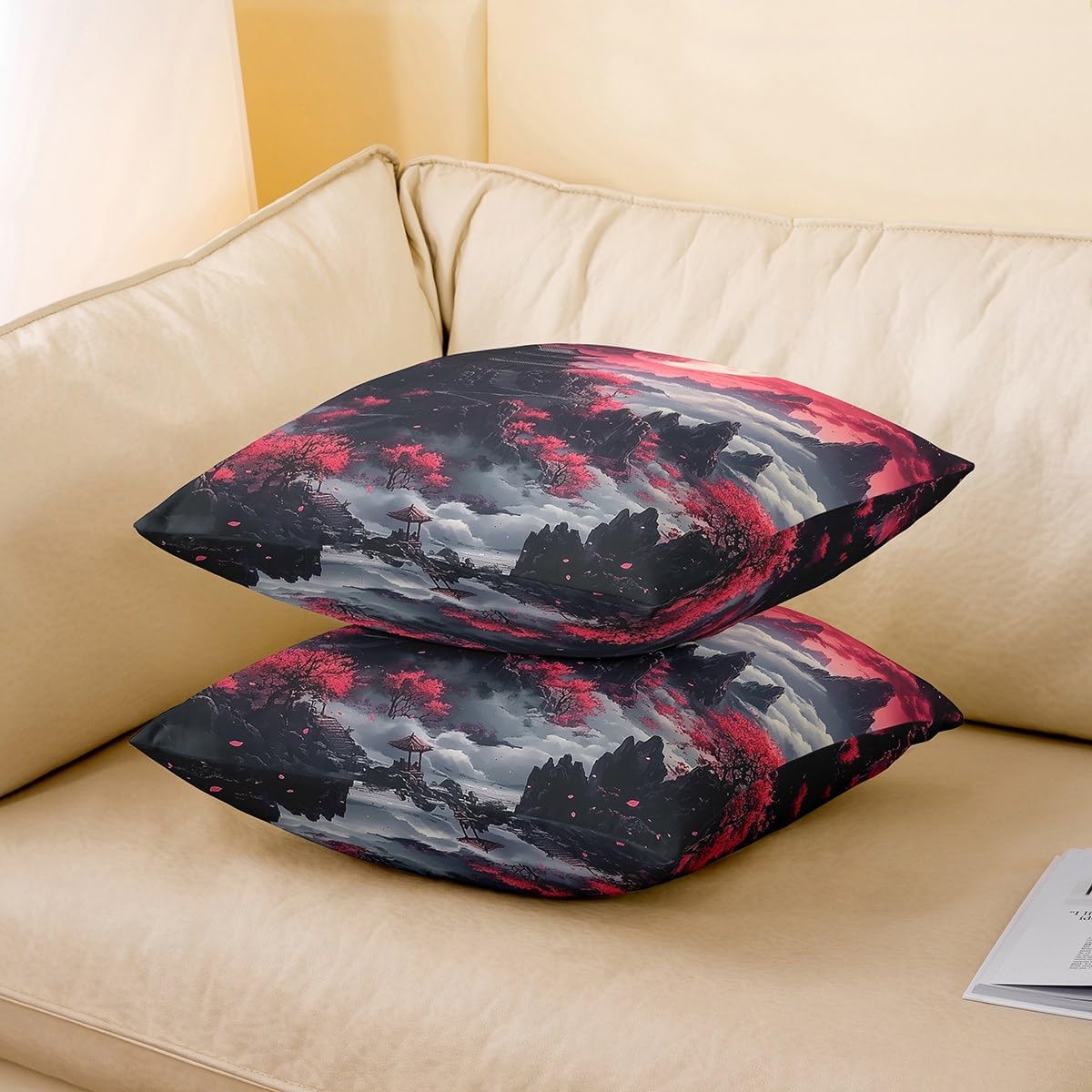jejeloiu Red Black Japanese Throw Pillow Covers 24 x 24-Inch Kid Red Cherry Blossoms Square Cushion Covers Set of 2 Boys Girls Moon Mount Fuji Pillow Cases Retro Tower Throw Pillowcases for Sofa Couch