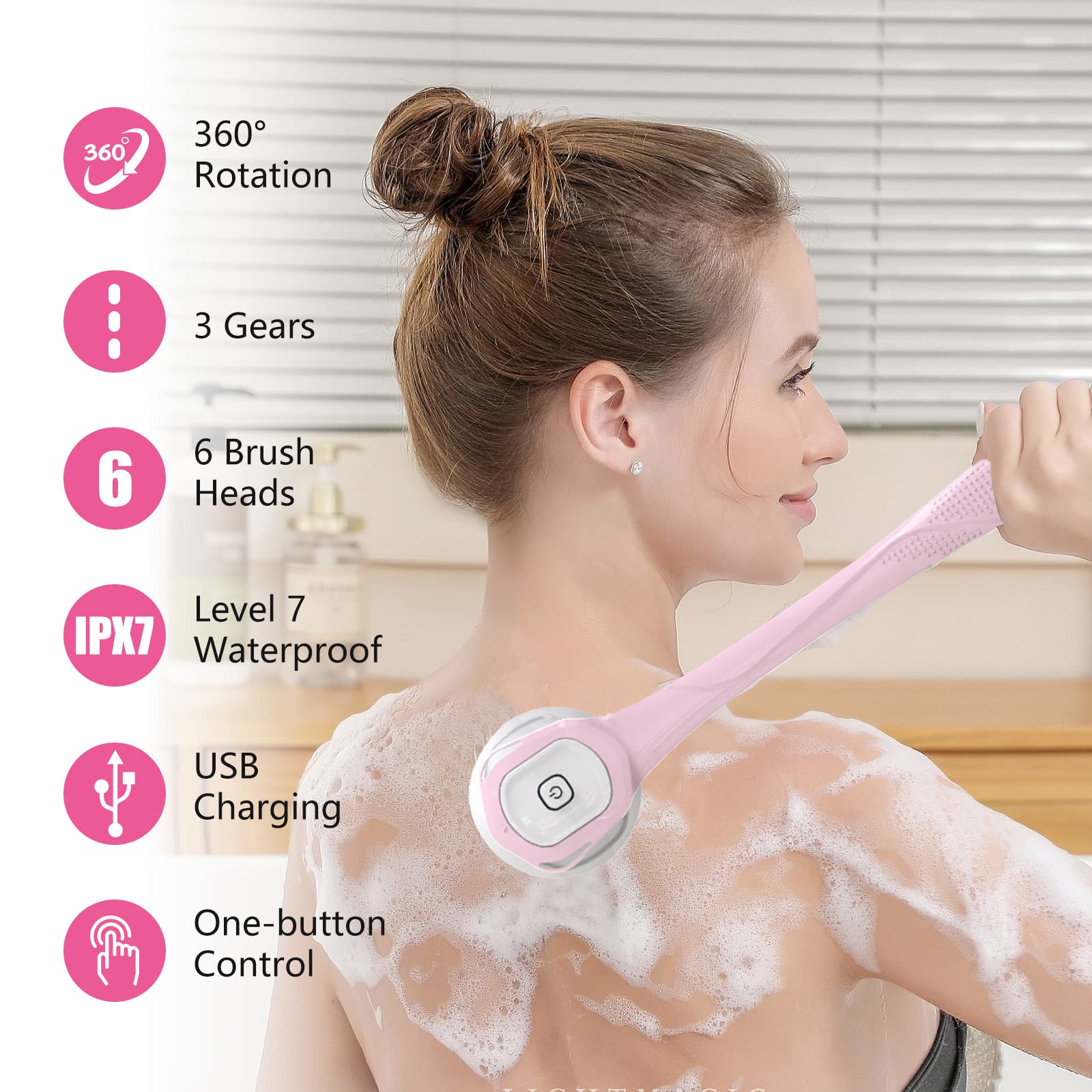 Cepillo Eléctrico para el Cuerpo,kit de Cepillo de Limpieza Corporal con 6 Cabezales de Cepillo,Cepillo de Ducha Recargable con Mango Largo,Baño Cepillo para Masaje Exfoliante Depurador (Rosa)