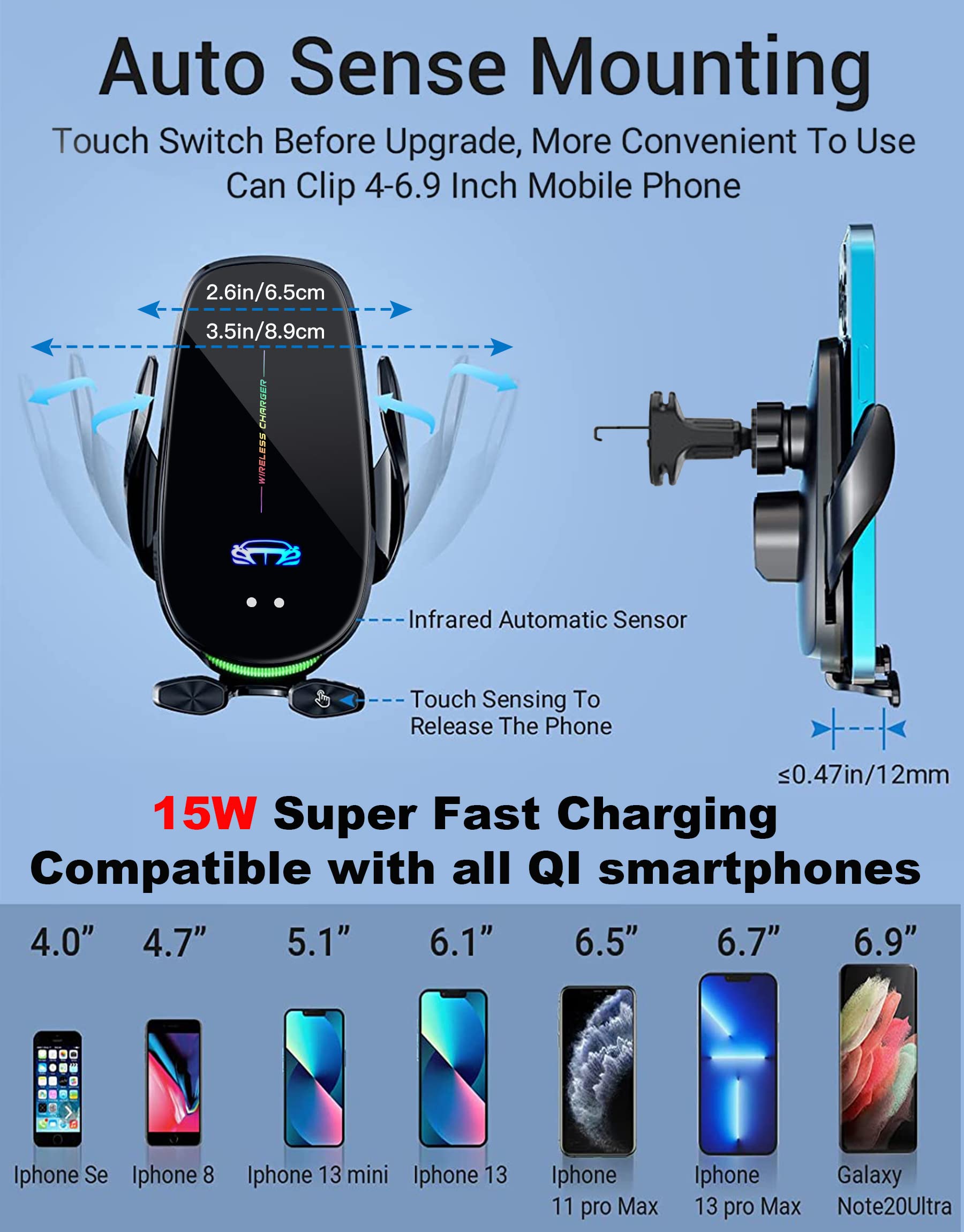 15W Handyhalterung Auto mit Ladefunktion, Kfz Ladegerät Induktive Ladestation Auto Handyhalter Lüftung, Automatische Klemmung Handyhalterung Auto Induktives Laden für iPhone Samsung LG usw