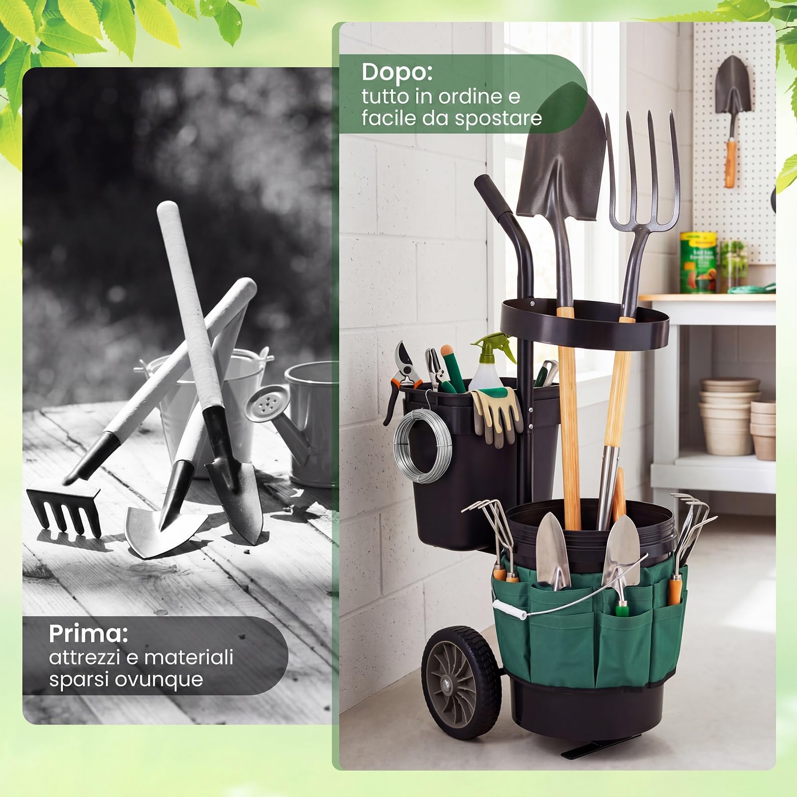 COSTWAY Carrello da Giardino a 2 Ruote, Carrellino da Esterno per Attrezzi da Giardinaggio con Borsa in in Tessuto Oxford, 20 L Secchio Rotondo e 10 L Contenitore Rettangolare Rimovibili