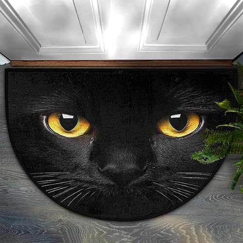 AUUXVA Tapete semicircular redondo con ojos de gato negro para entrada interior, antideslizante, absorbente, 24 x 36 pulgadas, resistente al