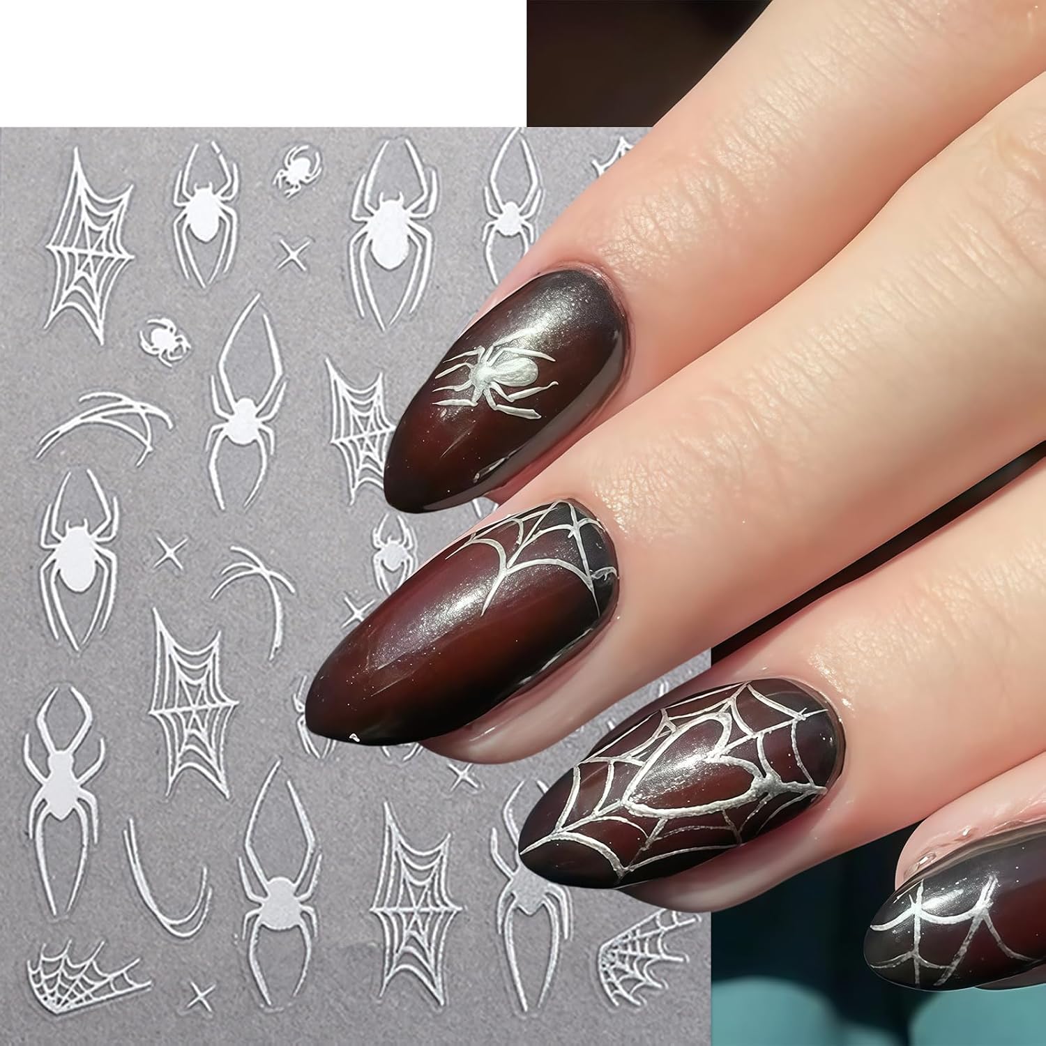 6 Sheets Halloween Nail Art Stickers Diamond Spider Nail Stickers 3D Self-Adhesive Cute Black White Spider Web Nail Decals with Rhinestones Design Nail Decor for Halloween Party DIY Manicure Supplies