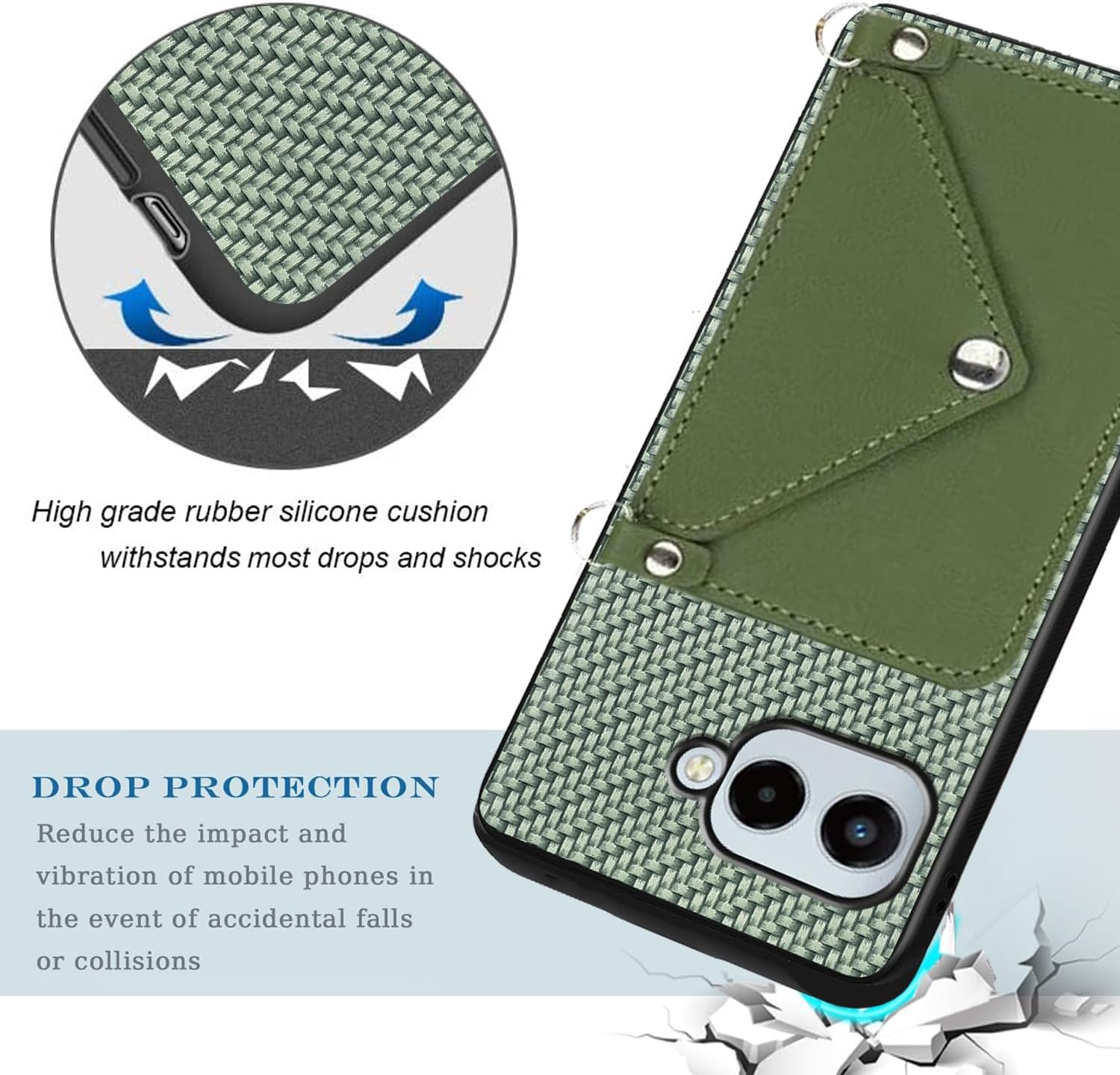 for REVVL 8 Phone Case, Card Holder Wallet Back Cover for T-Mobile Phone Revvl 8 PU Learher Wrist Strap Lanyard, Corner Protective Crossbody Detachable Gold Chain Hands Free, Green
