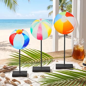 Yousoontic 3 Pcs Summer Beach Ball Table Decor Wooden Beachy Coastal Standing Tabletop Decor Rustic Coastal Table Sign Beach Centerpiece for Home Farmhouse Office Decorations