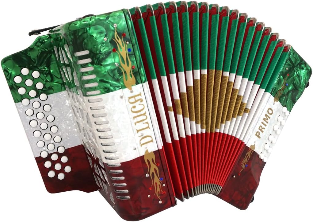 D'Luca D3112-GCF-MX Primo Button Accordion 31 Keys 12 Bass on GCF Key with Case and Straps, Red/White/Green