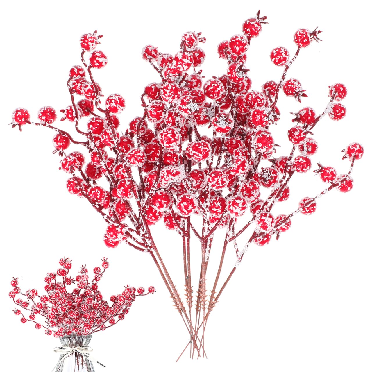 PRETYZOOM, 10 bastoncini di bacche artificiali di neve ghiacciati con rami di bacche, adesivi per albero di Natale, decorazione per festa del Ringraziamento, autunno (rosso)