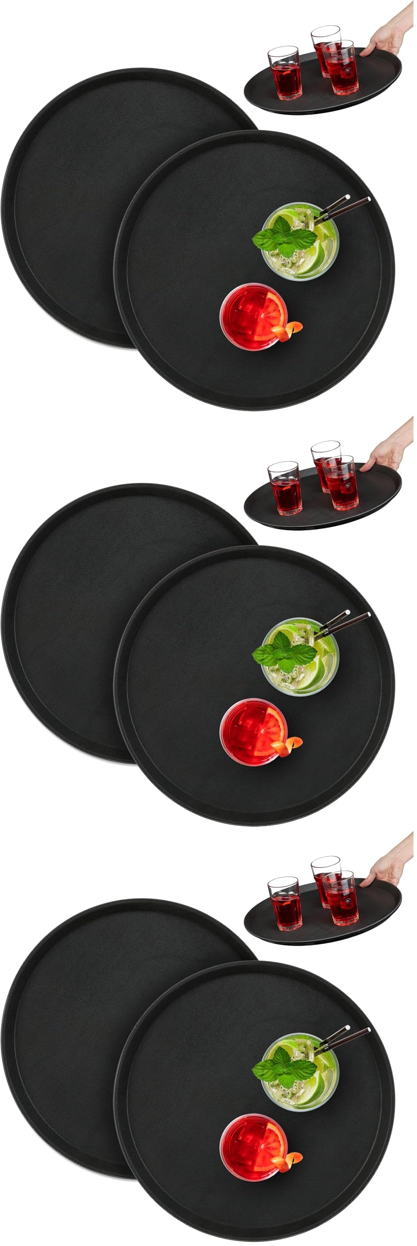 Relaxdays Serviertablett 2er Set, rund Ø 40 cm, Bartablett, rutschfeste Oberfläche, Kellnertablett Gastronomie, schwarz (Packung mit 3)