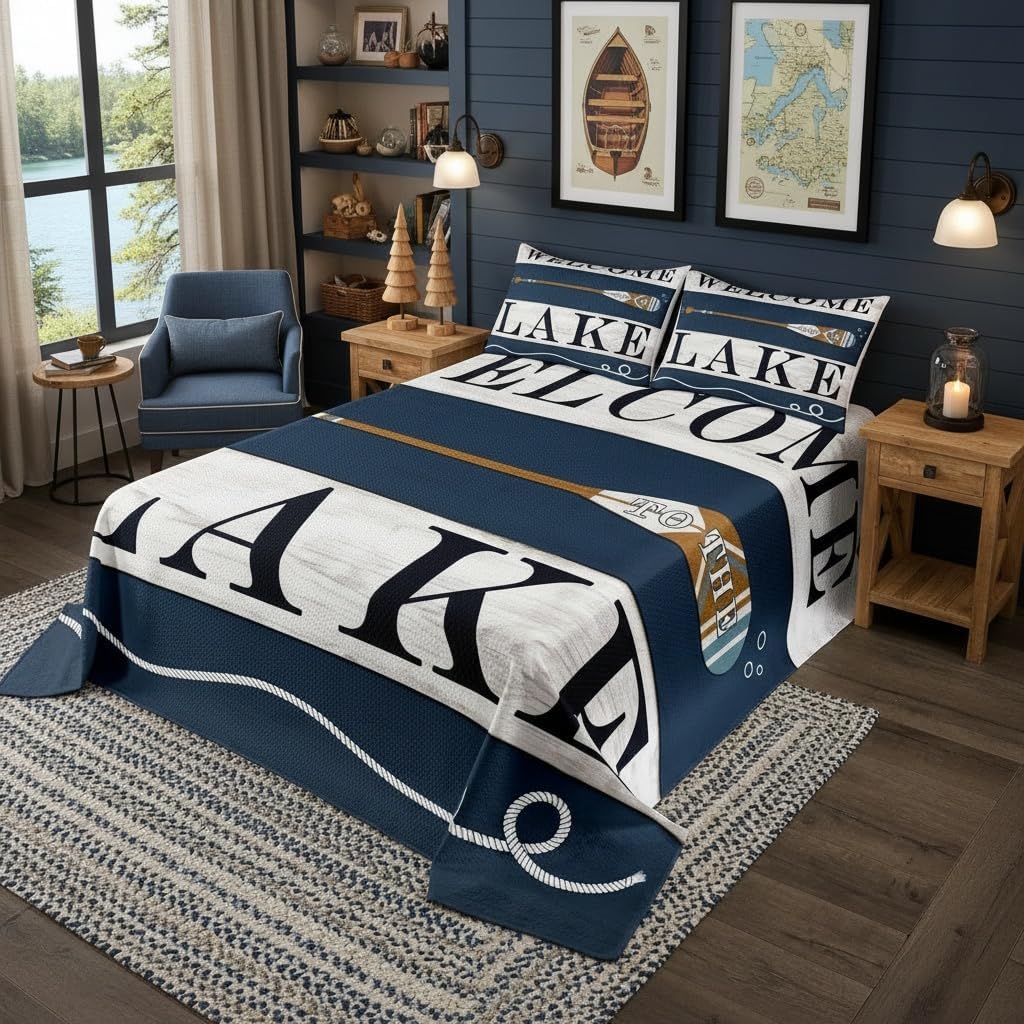 Nautical Lake Bedspread Set Queen Size for Kids,Boys Girls Navy White Retro Wooden Quilt Set Rustic Farmhouse Coverlet Camping Lover Bedspread 3 Piece Decorative Bedding Quilted with 2 Pillow Shams