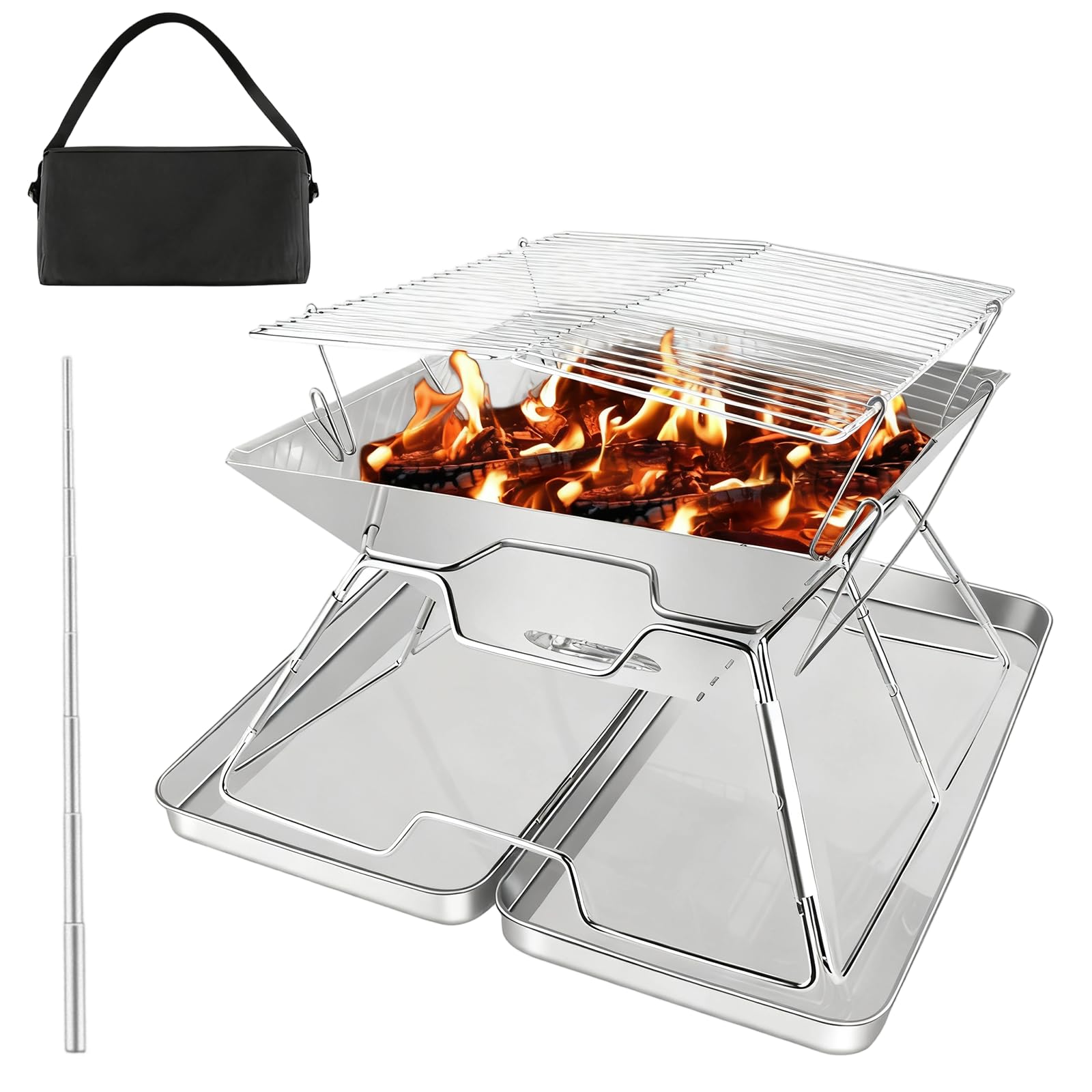 Braciere portatile pieghevole in acciaio inox 304, griglia con scatola di trasporto in ferro, griglia per barbecue, barbecue, fornello da campeggio per picnic, barbecue, falò, patio, cortile, giardino