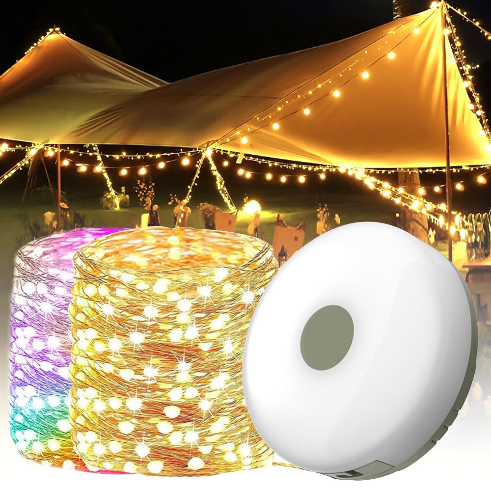 Tgkyk Warm/Colored) Outdoor Waterproof Portable Stowable String Light, 2 In 1 Camping Fairy Lights, 9 Modes Camping String Lights, Tent Lights For Camping, Led String Lights For Camping Decor (10M,