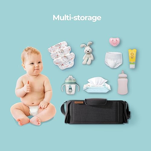 Miniatura 7 de mompush Organizador de cochecito con correa para el hombro, gran espacio de almacenamiento y portavasos, accesorios para cochecito populares