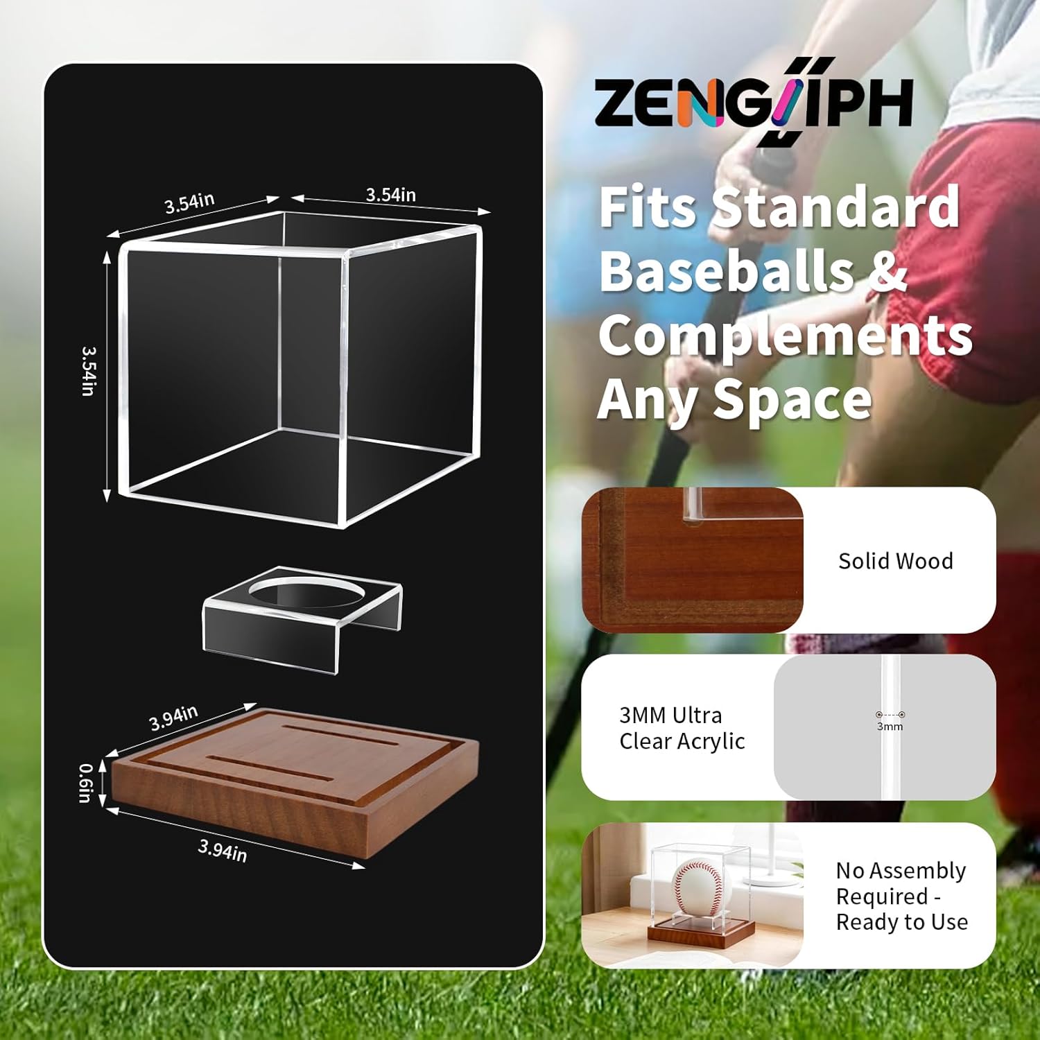 Baseball Display Case - Clear Acrylic Baseball Holder with Solid Wood Base, UV Protected Clear Cube Baseball Case with Display Stand for Autographed Ball, Gift for Baseball Fans, Brown
