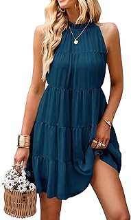 Womens Summer Dresses 2025 Casual Halter Sundress Sleeveless Flowy Mini Babydoll Tiered Pleated Beach Dress - Buy now