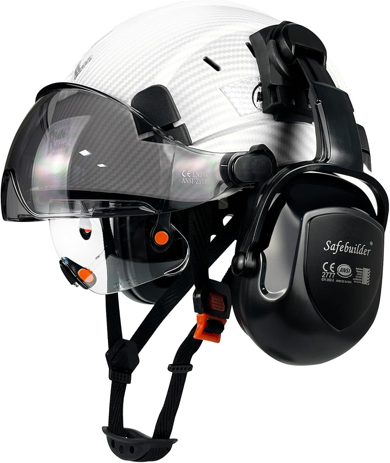 Safety Helmet With Visor Ear Muffs Work at Hight Carbon Fiber Abs Hard Hat For Industrial Construction Head Protection ANSI Z89.1 Approved(01-Matte White+Clear&Tinted Visors+B07E Earmuffs)